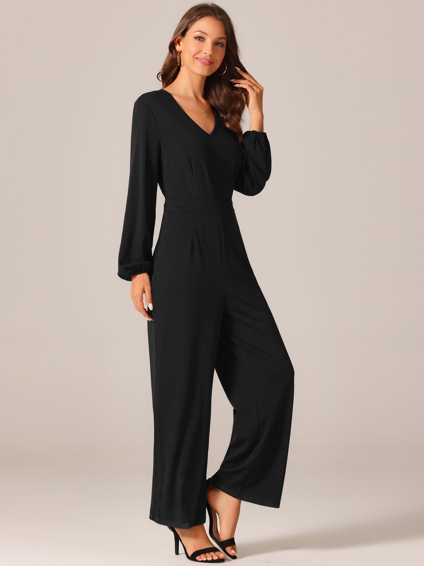 Women's V Neck Long Sleeve High Waist Wide Leg Casual Jumpsuits with Pockets
