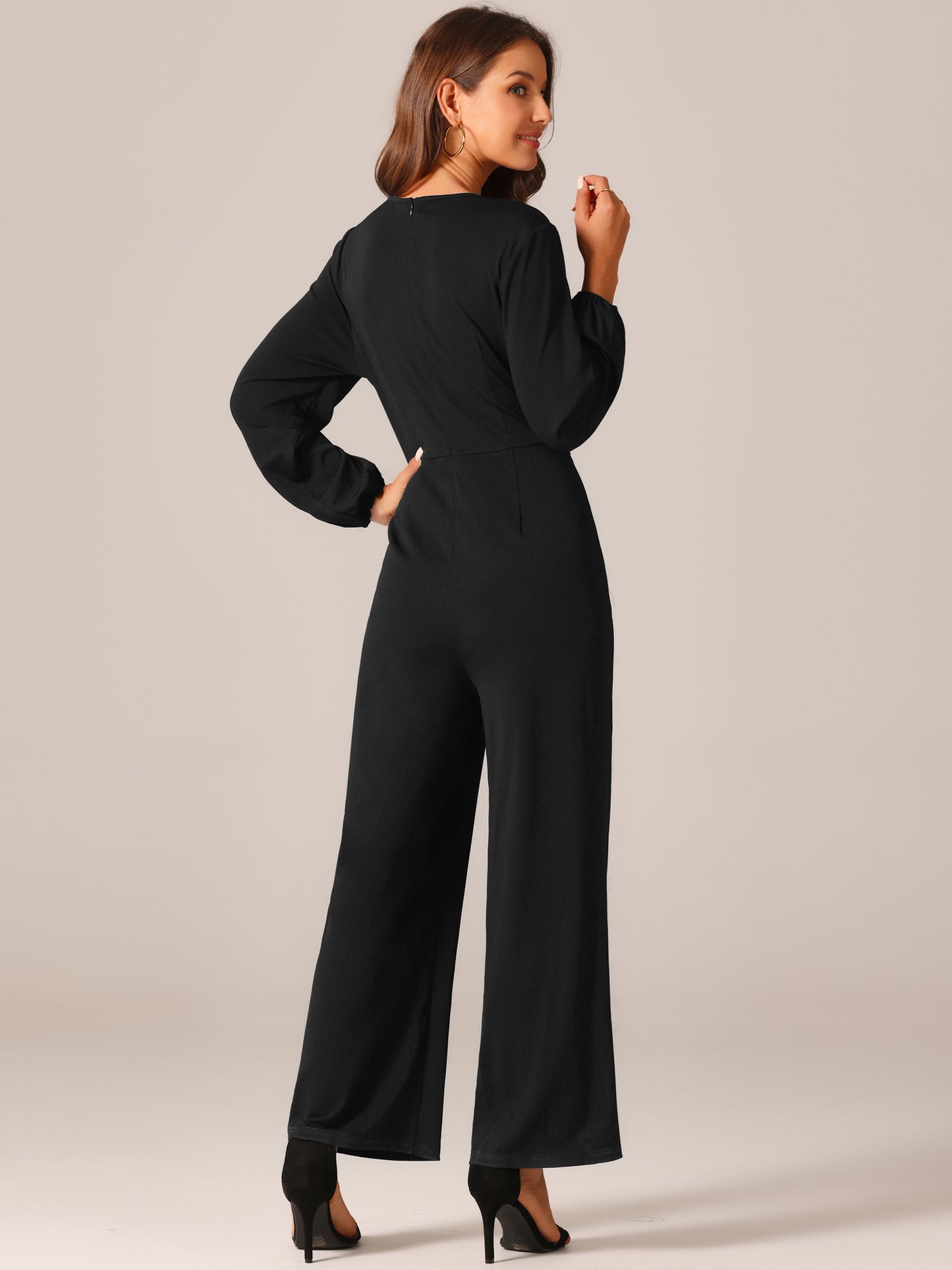 Women's V Neck Long Sleeve High Waist Wide Leg Casual Jumpsuits with Pockets