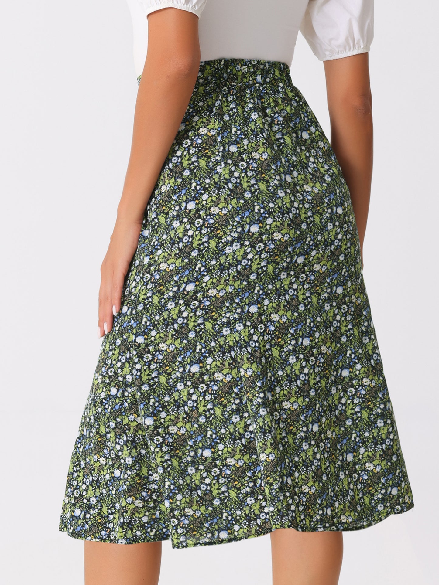 Women's Floral Midi Skirt Peasant Elastic Waist A-Line Ditsy Printed Skirts