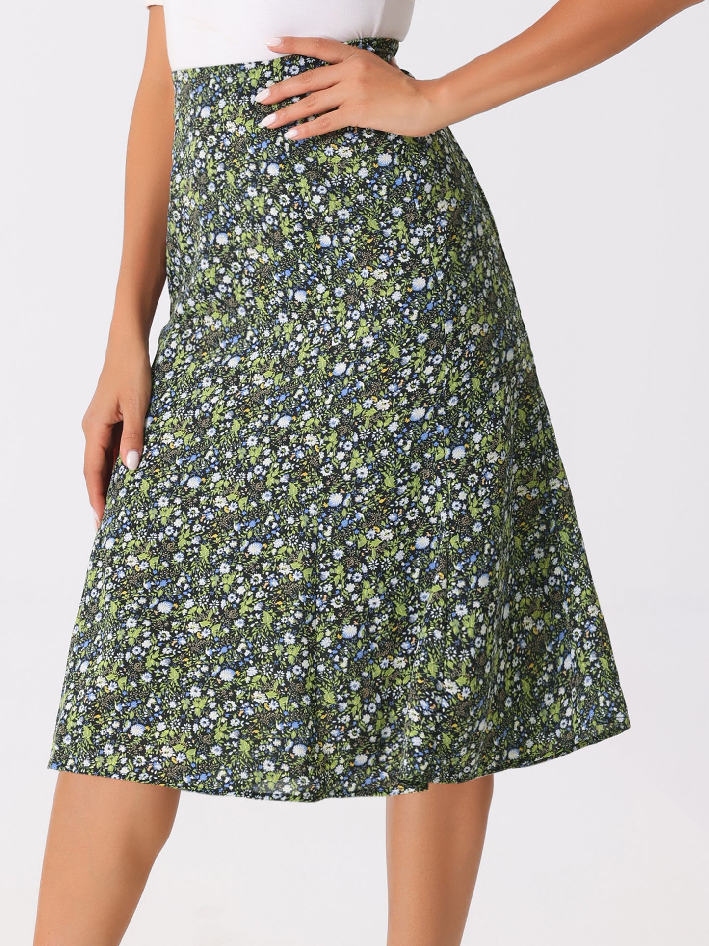 Women's Floral Midi Skirt Peasant Elastic Waist A-Line Ditsy Printed Skirts