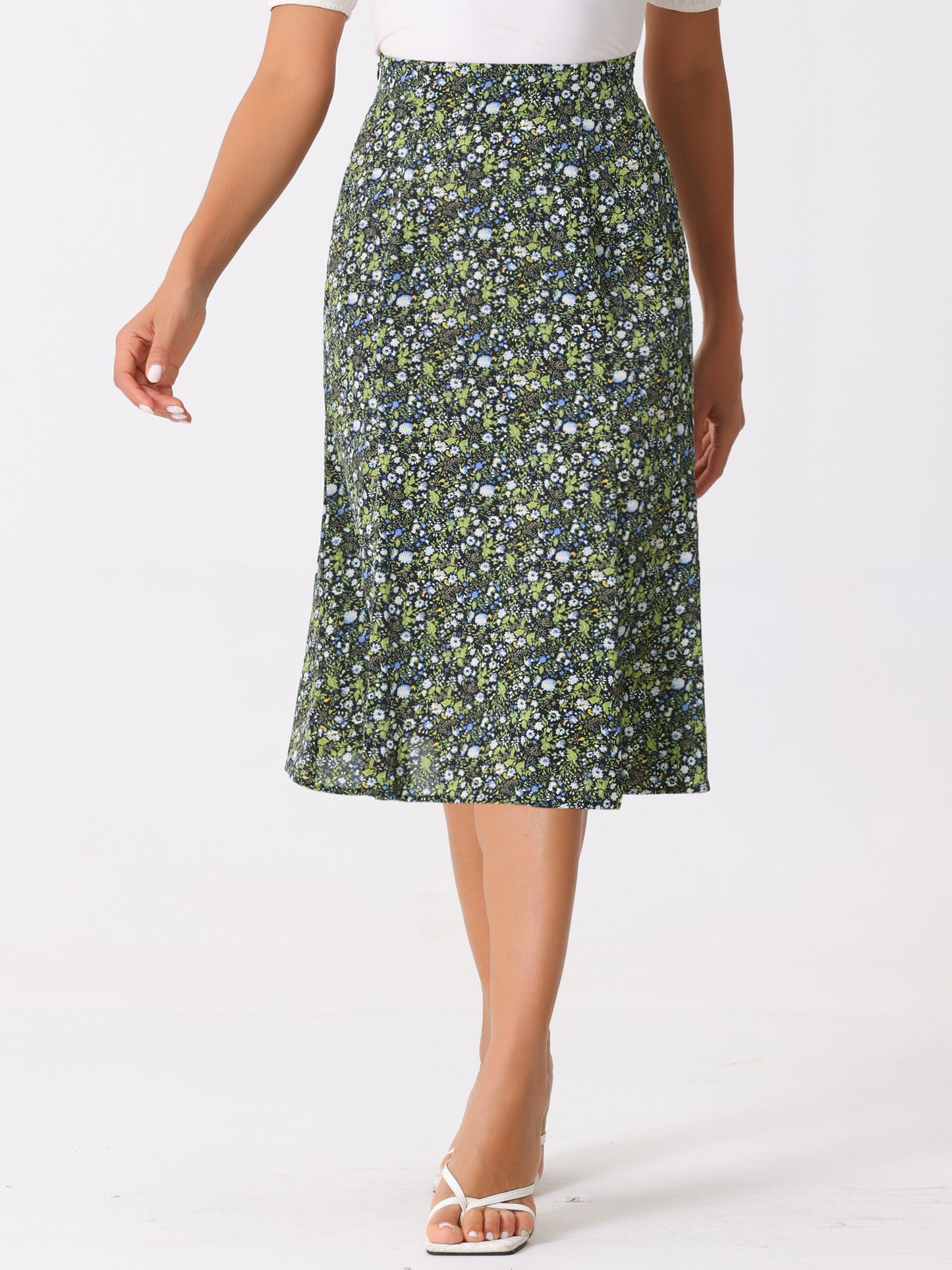 Women's Floral Midi Skirt Peasant Elastic Waist A-Line Ditsy Printed Skirts