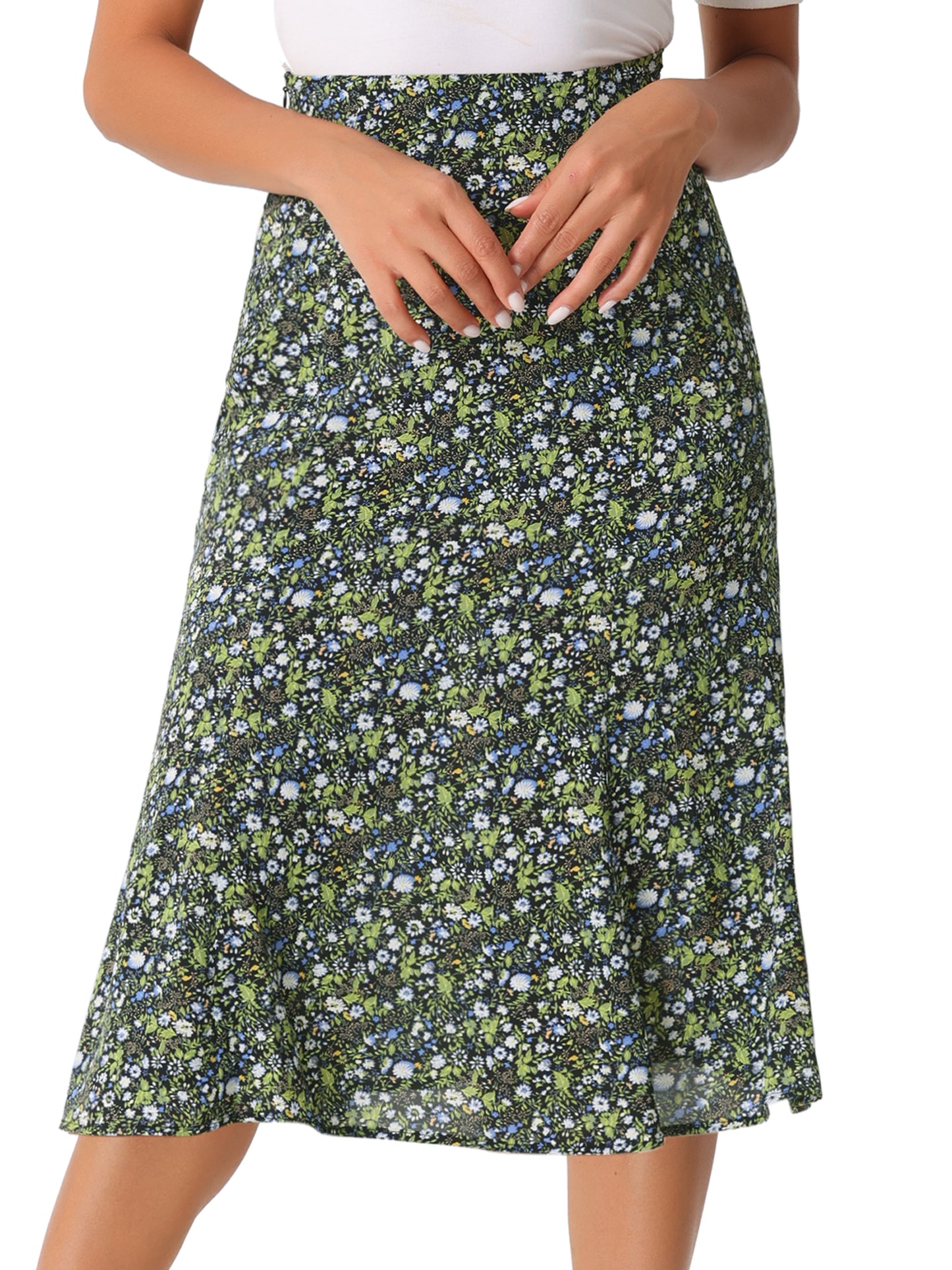 Women's Floral Midi Skirt Peasant Elastic Waist A-Line Ditsy Printed Skirts