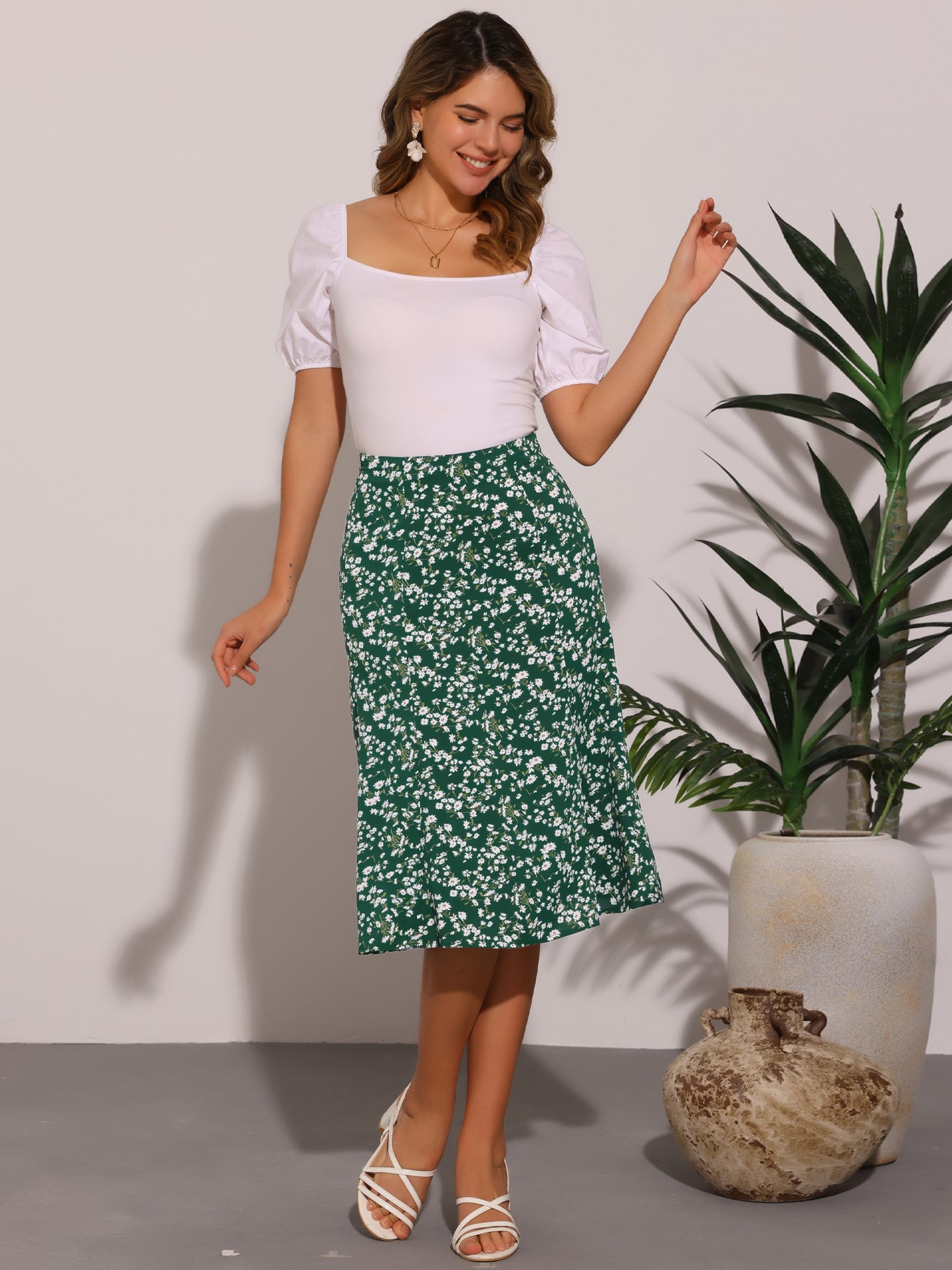 Falda midi floral para mujer, cintura elástica, corte A, estampado de florecitas