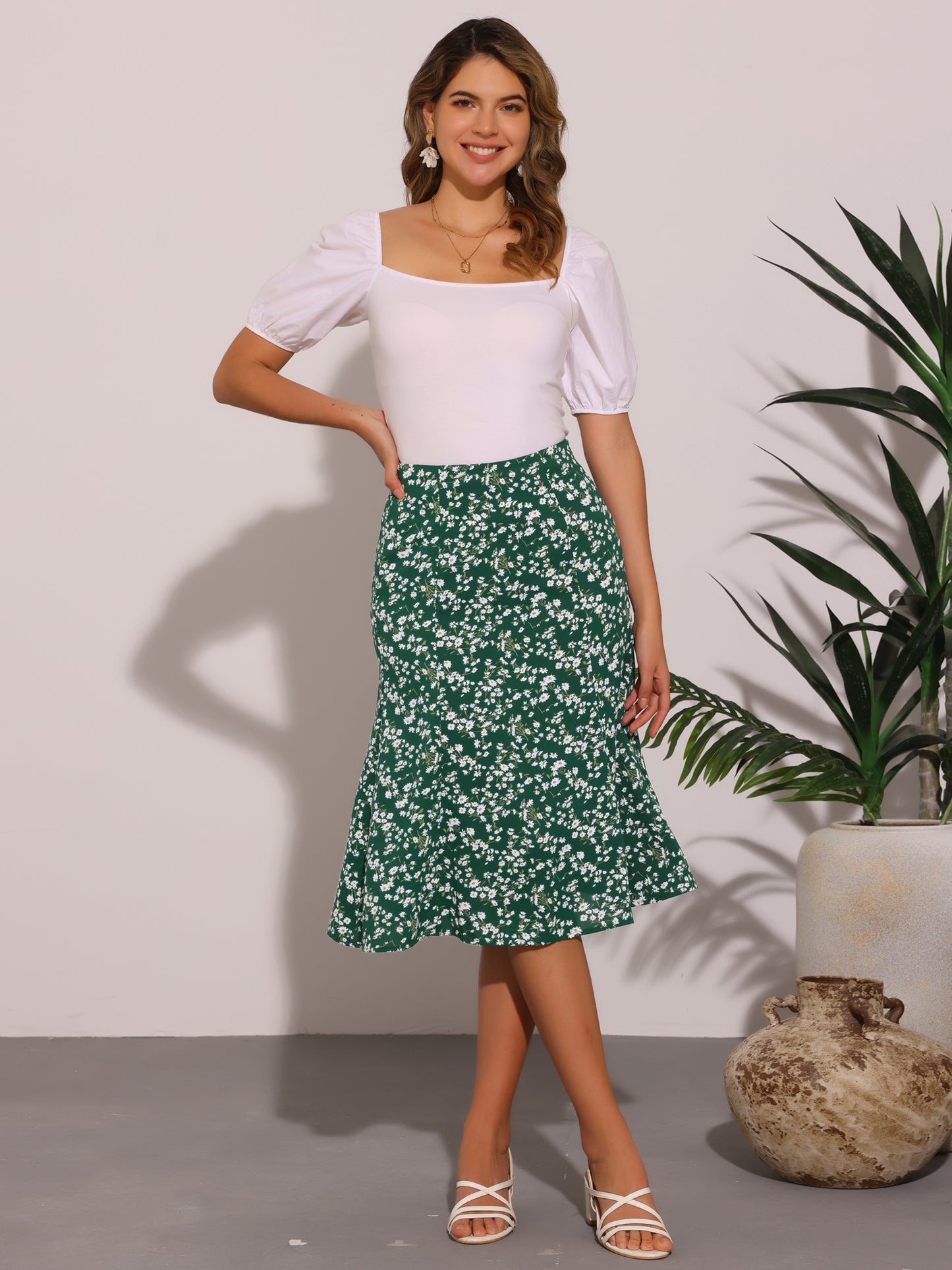 Falda midi floral para mujer, cintura elástica, corte A, estampado de florecitas