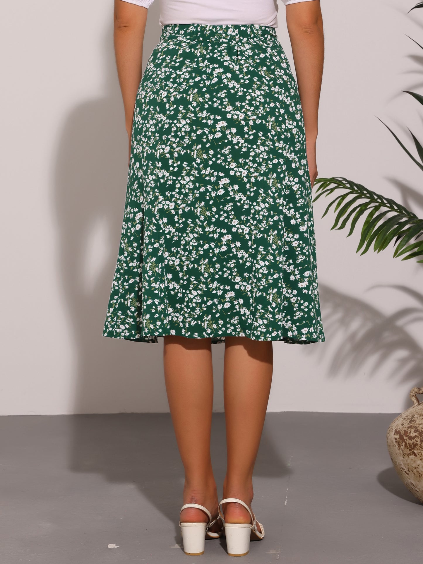 Falda midi floral para mujer, cintura elástica, corte A, estampado de florecitas