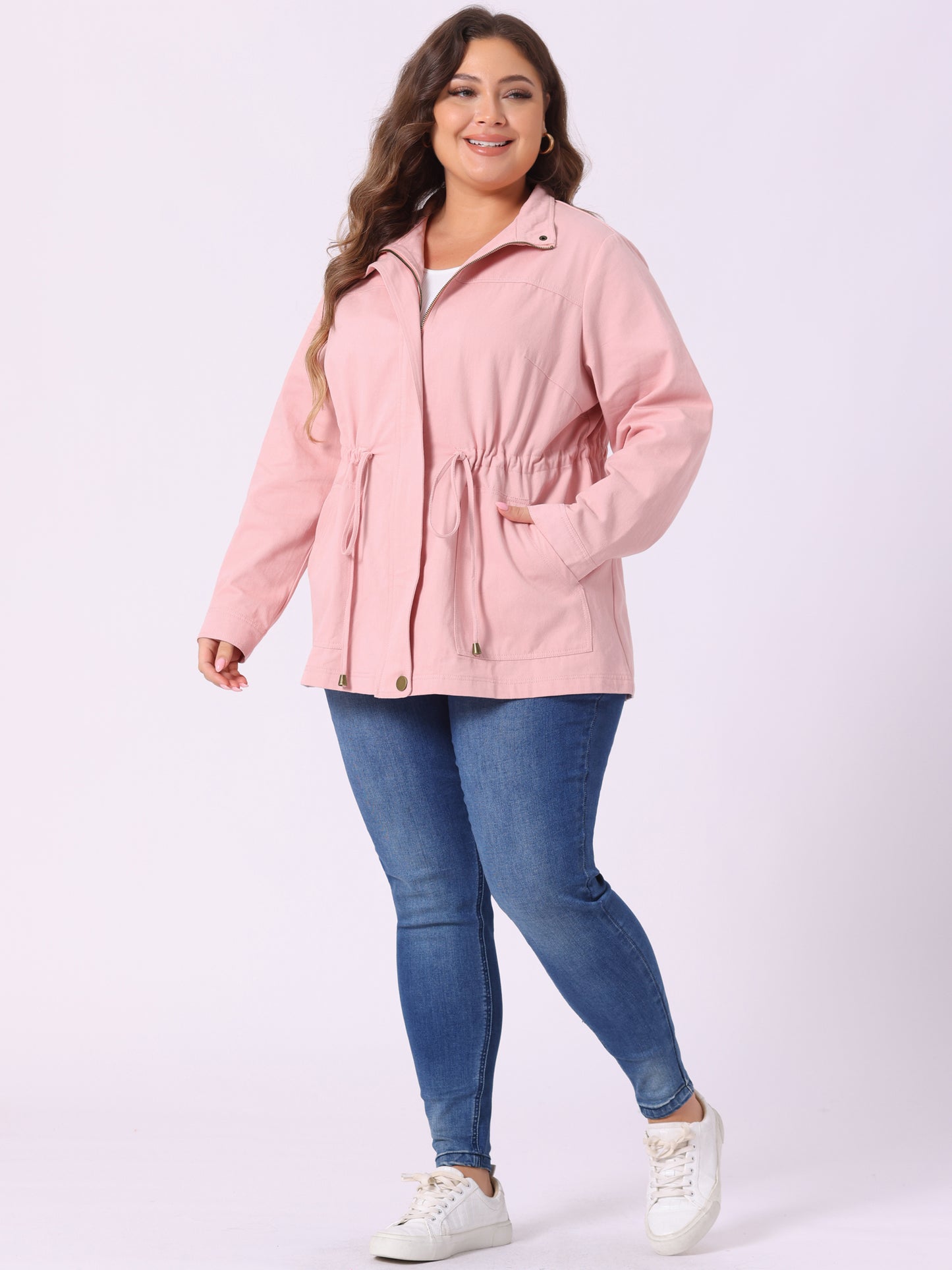 Women's Plus Size Jackets Lightweight Anorak Drawstring Utility Jacket with Pockets