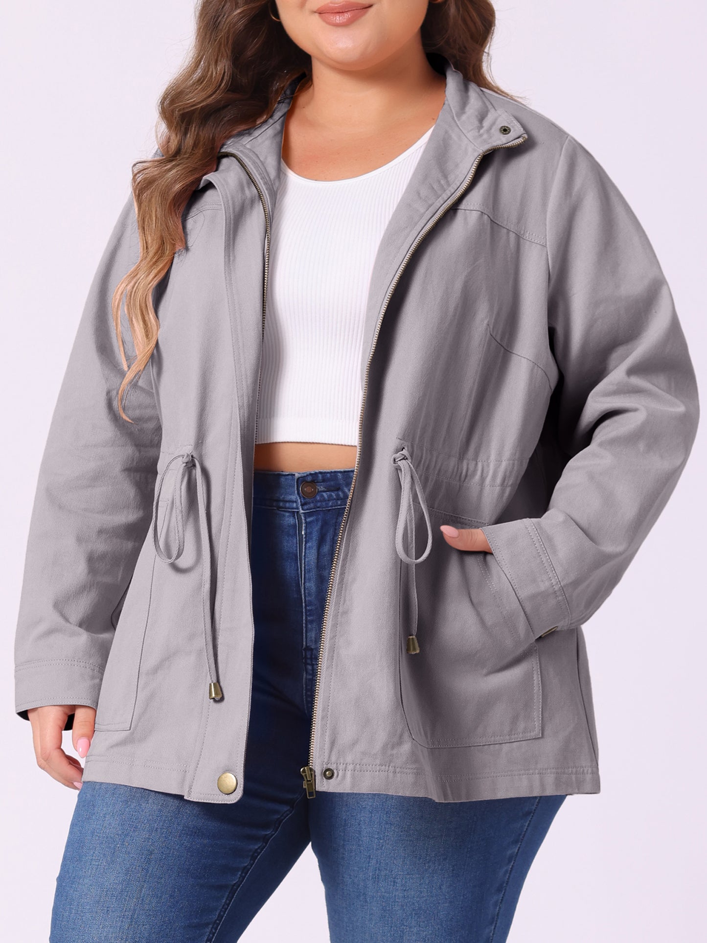 Women's Plus Size Jackets Lightweight Anorak Drawstring Utility Jacket with Pockets