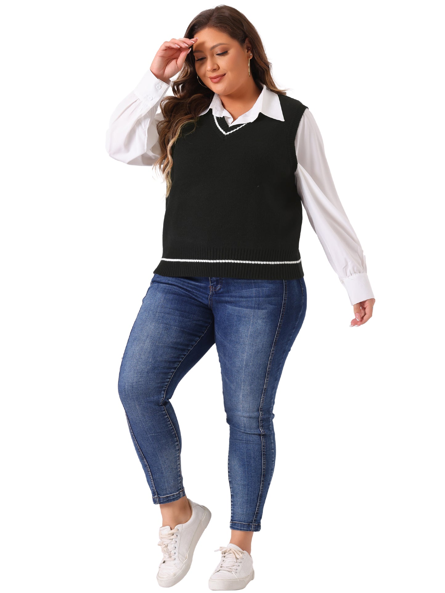 Women Plus Size Sweater Vest V Neck Stripe Cable Knit Sleeveless Pullover Sweater Vest