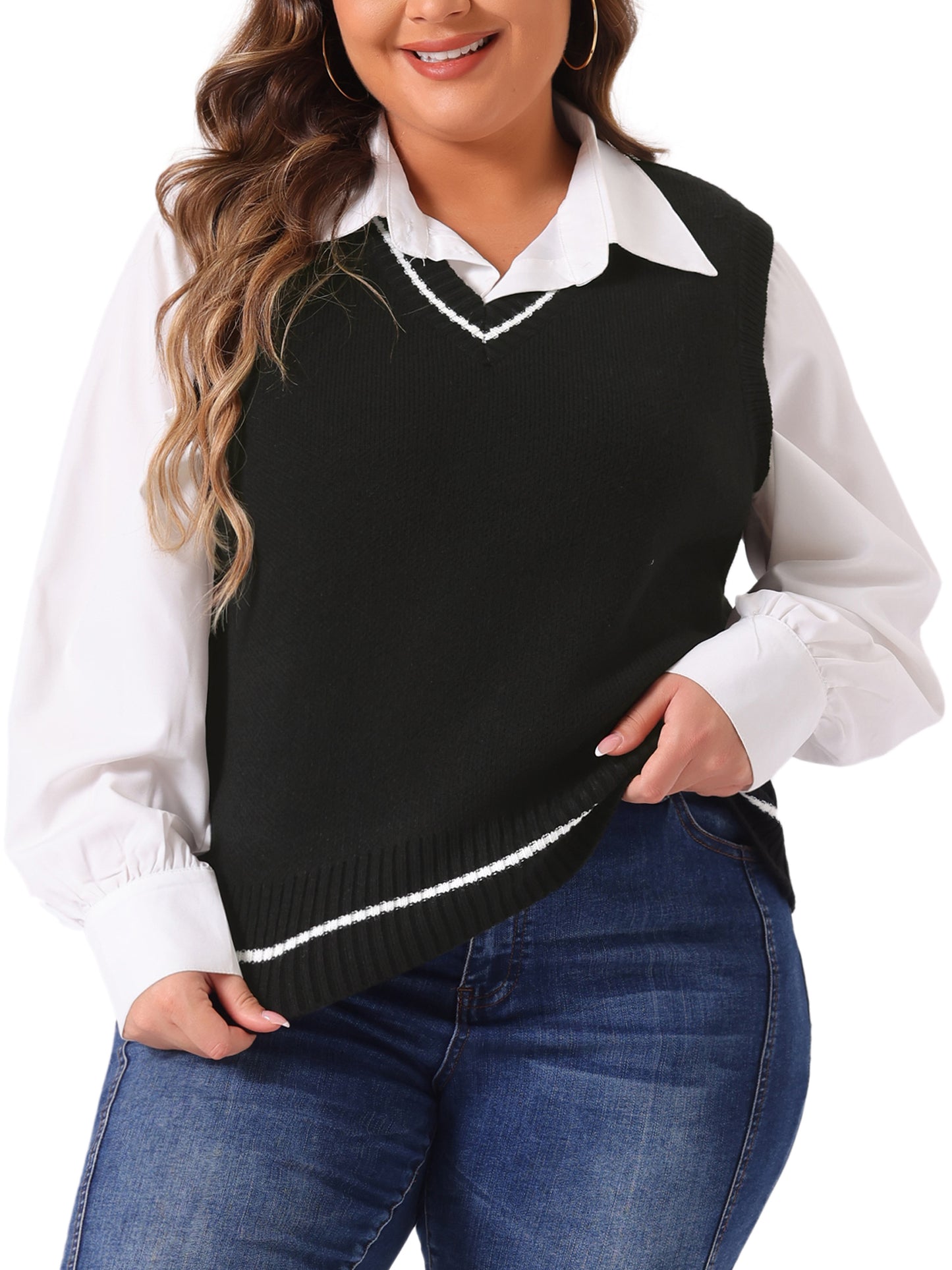 Women Plus Size Sweater Vest V Neck Stripe Cable Knit Sleeveless Pullover Sweater Vest
