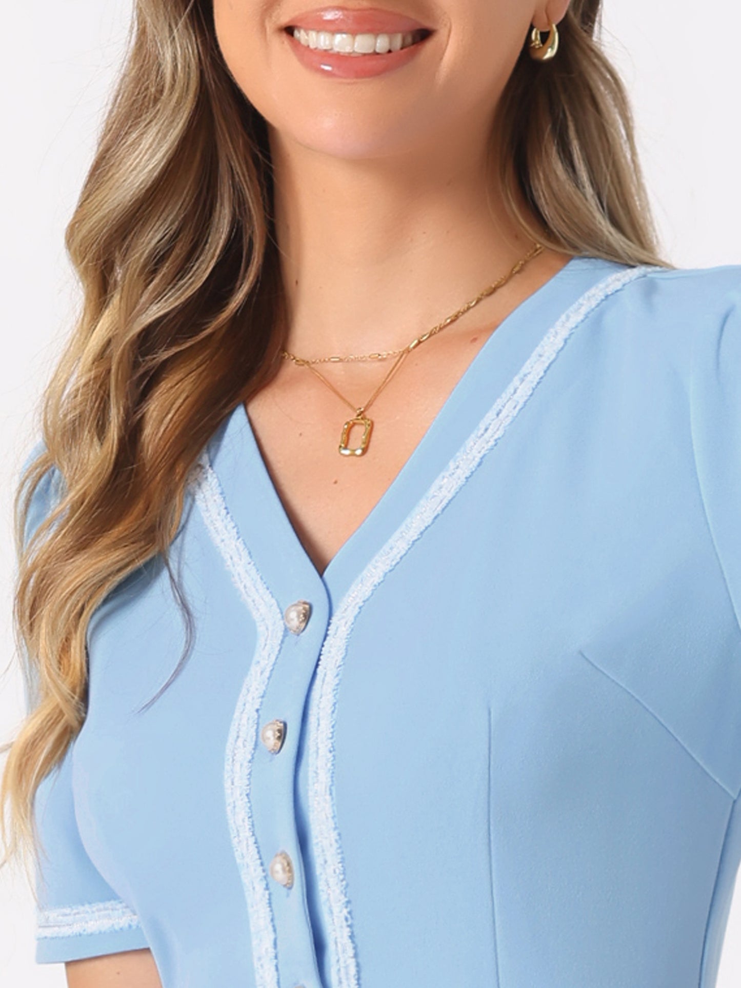 Women's Half Placket V Neck Short Sleeve Knit A-Line Dress