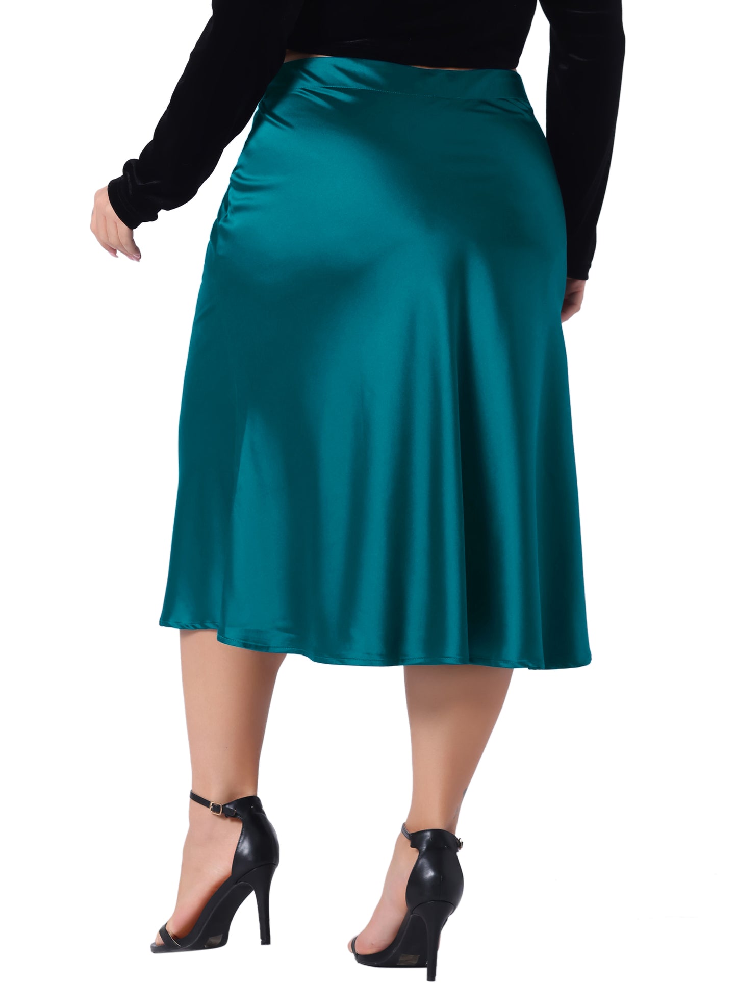 Women Plus Size Silky Satin Skirt High Waist Hidden Elasticized Waistband Flared Casual A Line Midi Skirt