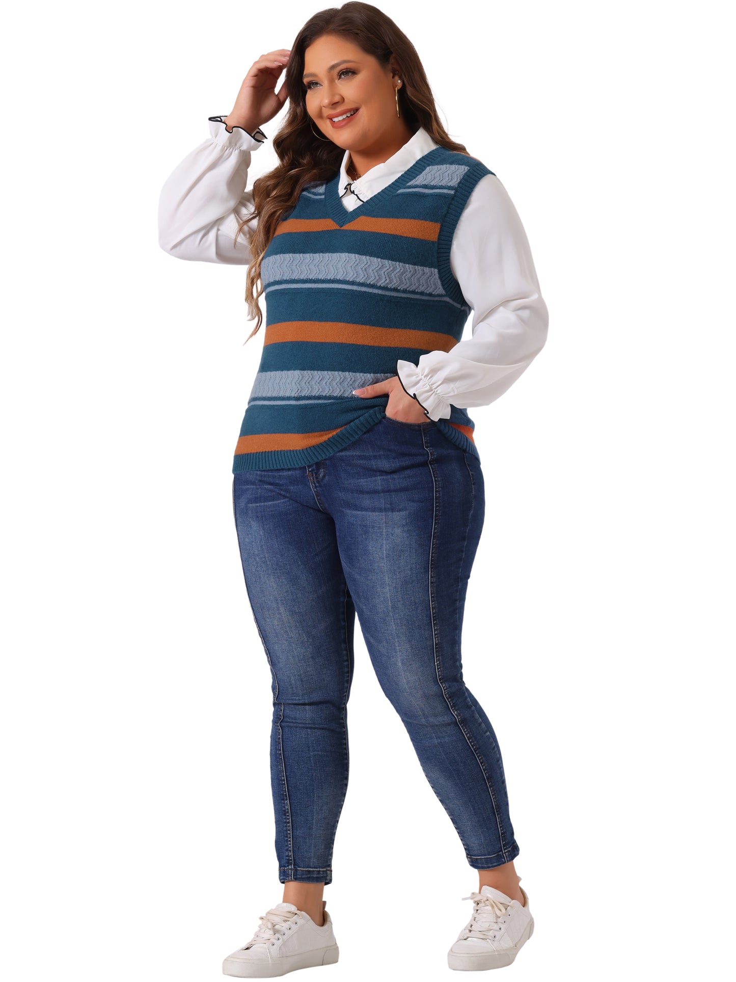 Women Plus Size Sweaters Sleeveless V Neck Striped Knit Casual Pullover Sweater Vests