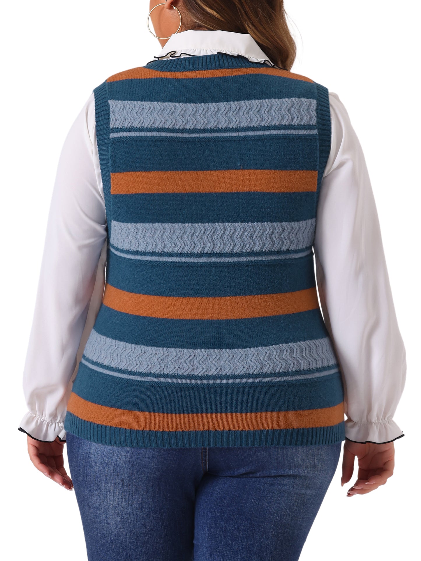 Women Plus Size Sweaters Sleeveless V Neck Striped Knit Casual Pullover Sweater Vests