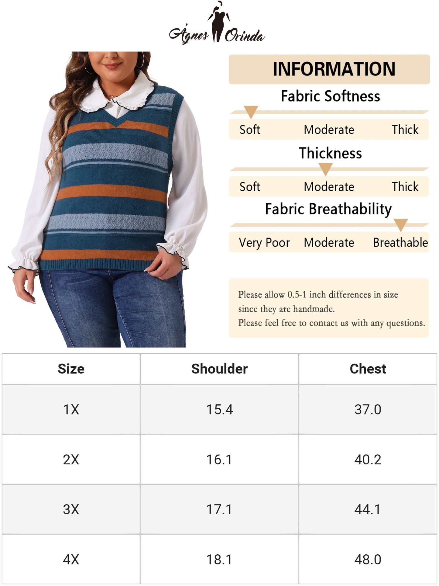 Women Plus Size Sweaters Sleeveless V Neck Striped Knit Casual Pullover Sweater Vests
