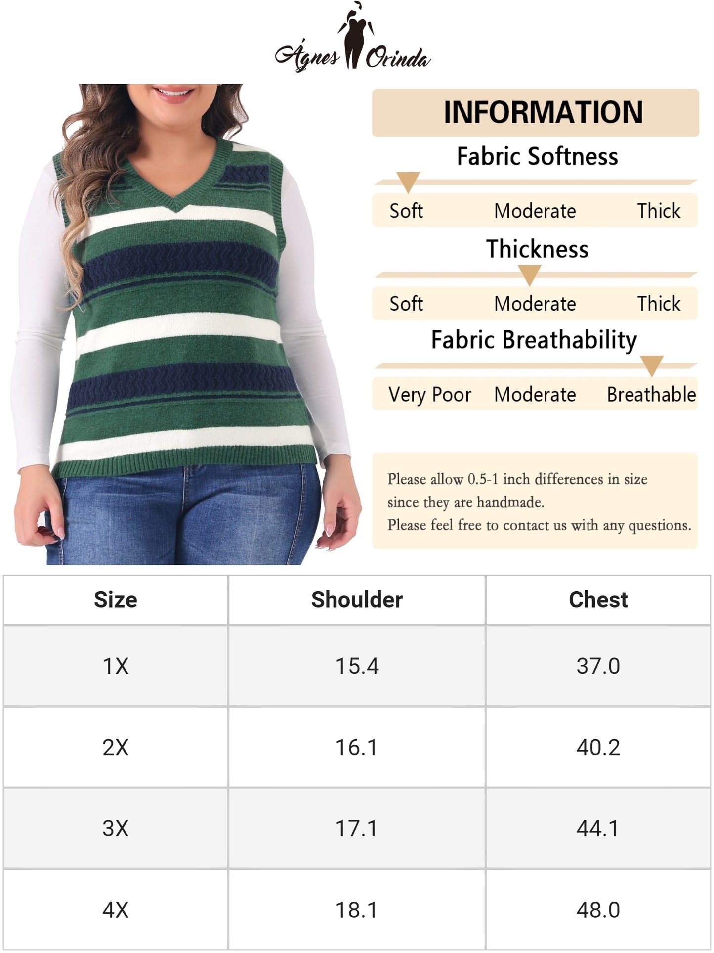 Women Plus Size Sweaters Sleeveless V Neck Striped Knit Casual Pullover Sweater Vests