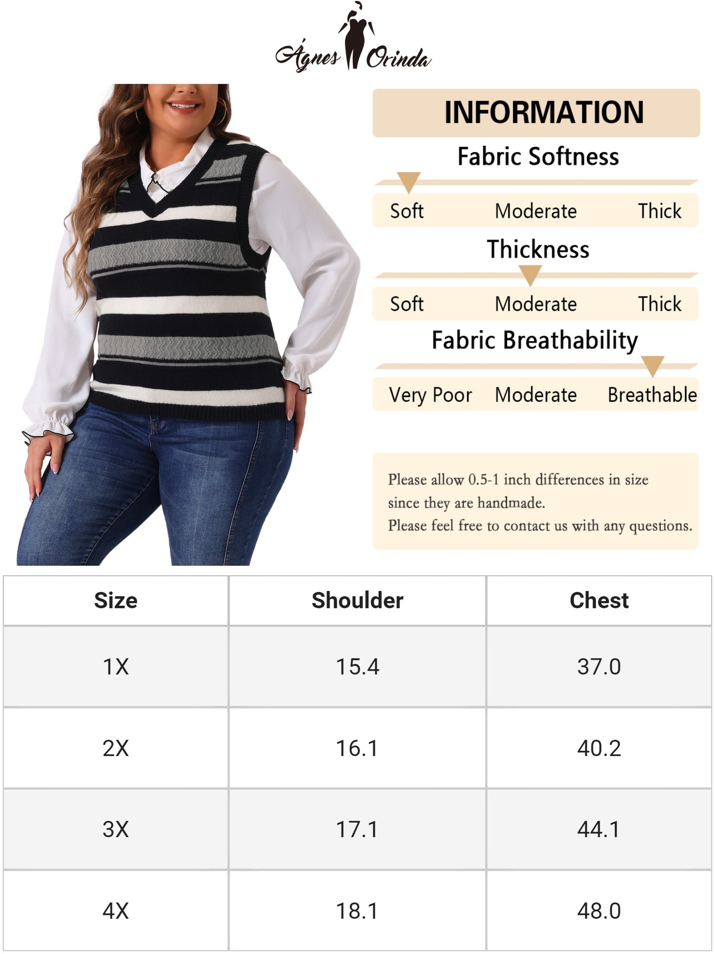 Women Plus Size Sweaters Sleeveless V Neck Striped Knit Casual Pullover Sweater Vests