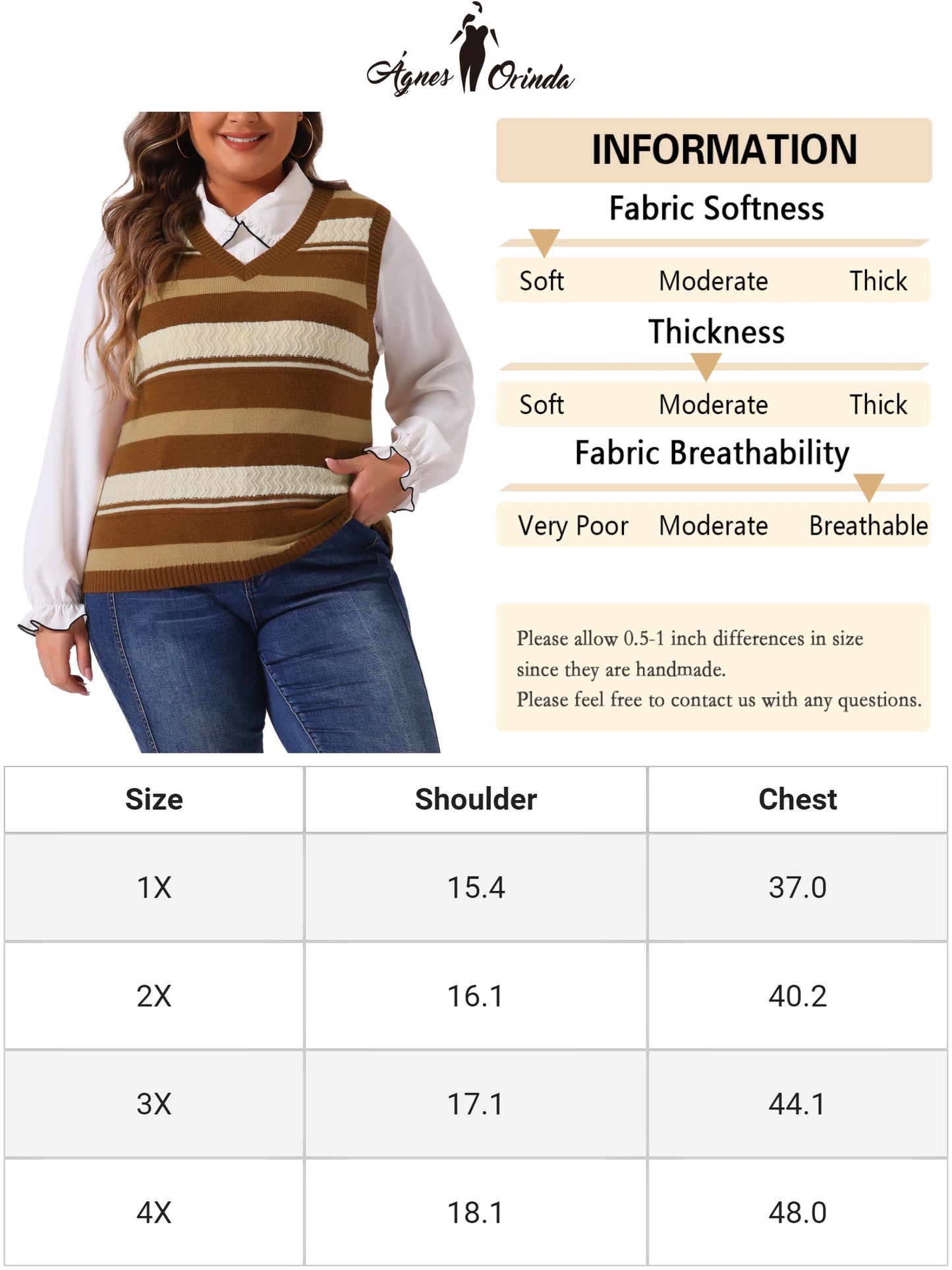 Women Plus Size Sweaters Sleeveless V Neck Striped Knit Casual Pullover Sweater Vests