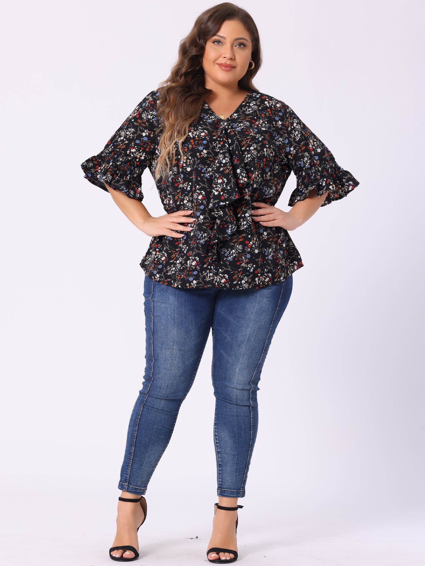 Women's Plus Size Ruffle Blouse V Neck Smocked Sleeves Top
