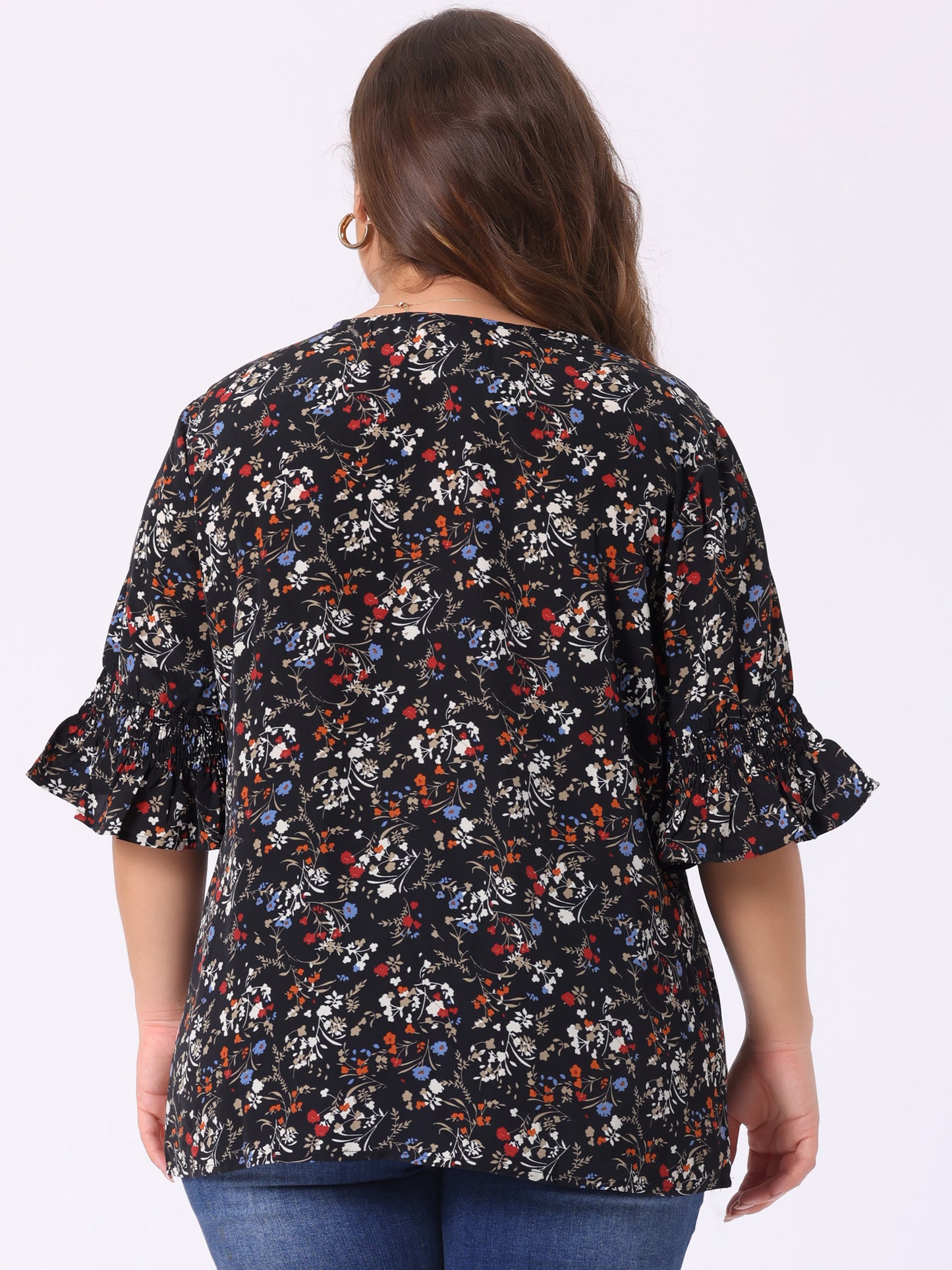 Women's Plus Size Ruffle Blouse V Neck Smocked Sleeves Top