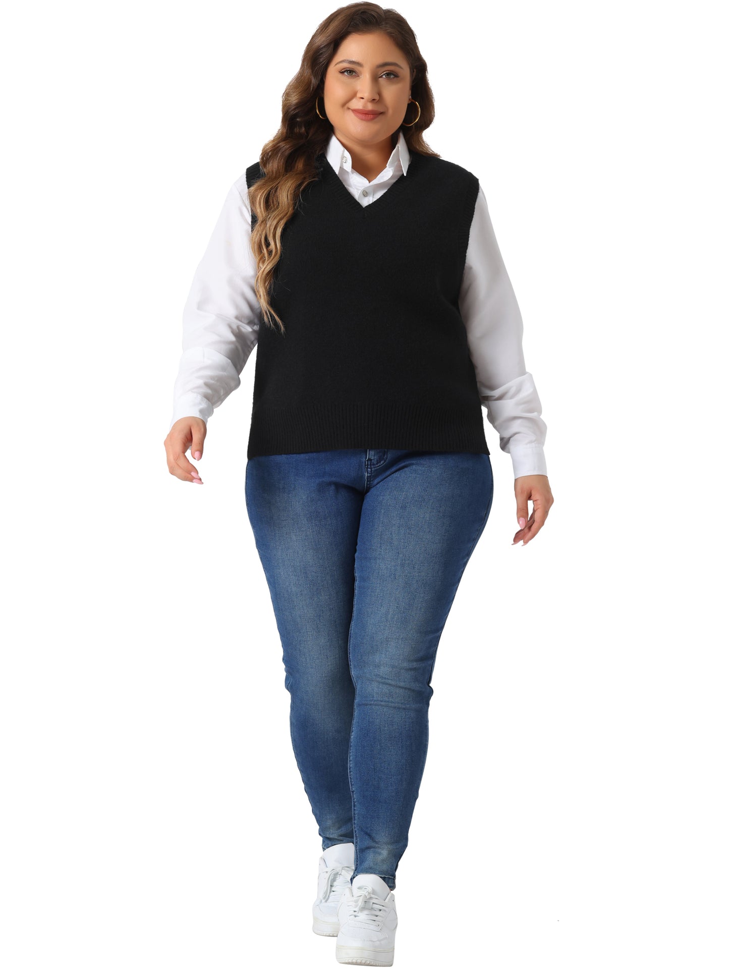 Suéter de talla grande para mujer, chaleco de punto con cuello en V, suéteres clásicos sin mangas, suéteres, tops