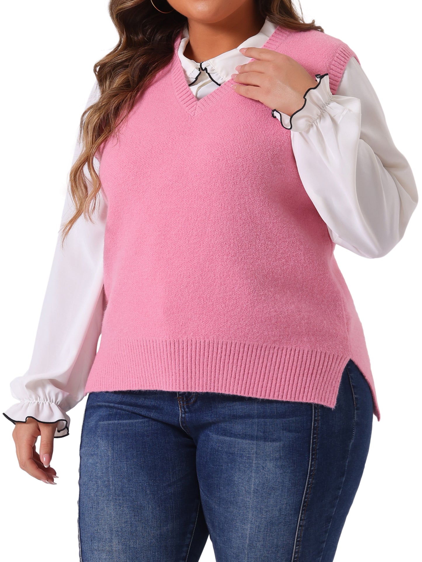 Women Plus Size Sweater Vest V Neck Knit Vests Solid Classic Sleeveless Pullover Sweaters Tops