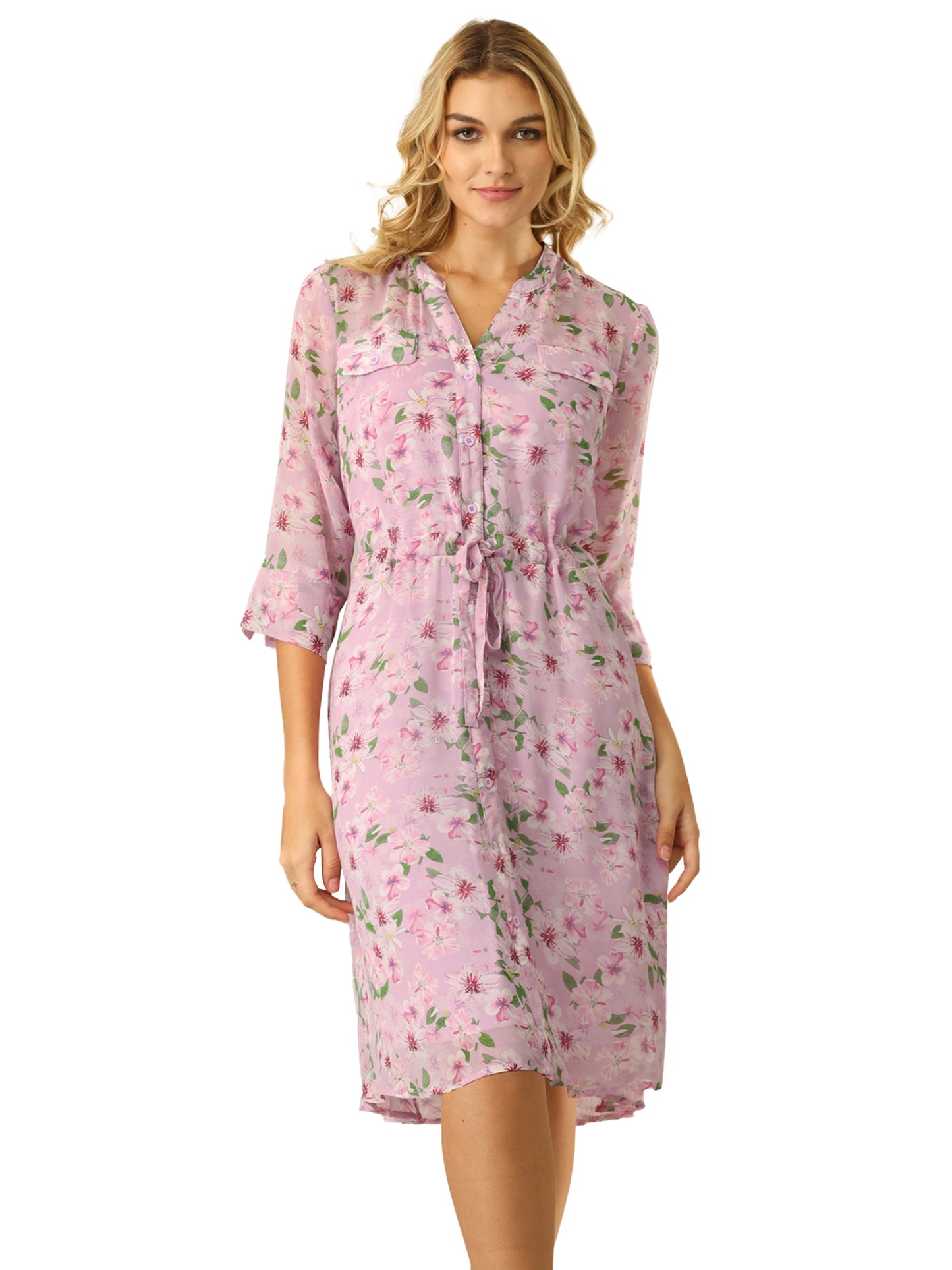 Women's Floral A-Line Dress 3/4 Sleeve Chiffon Button Up Midi Flare Dresses