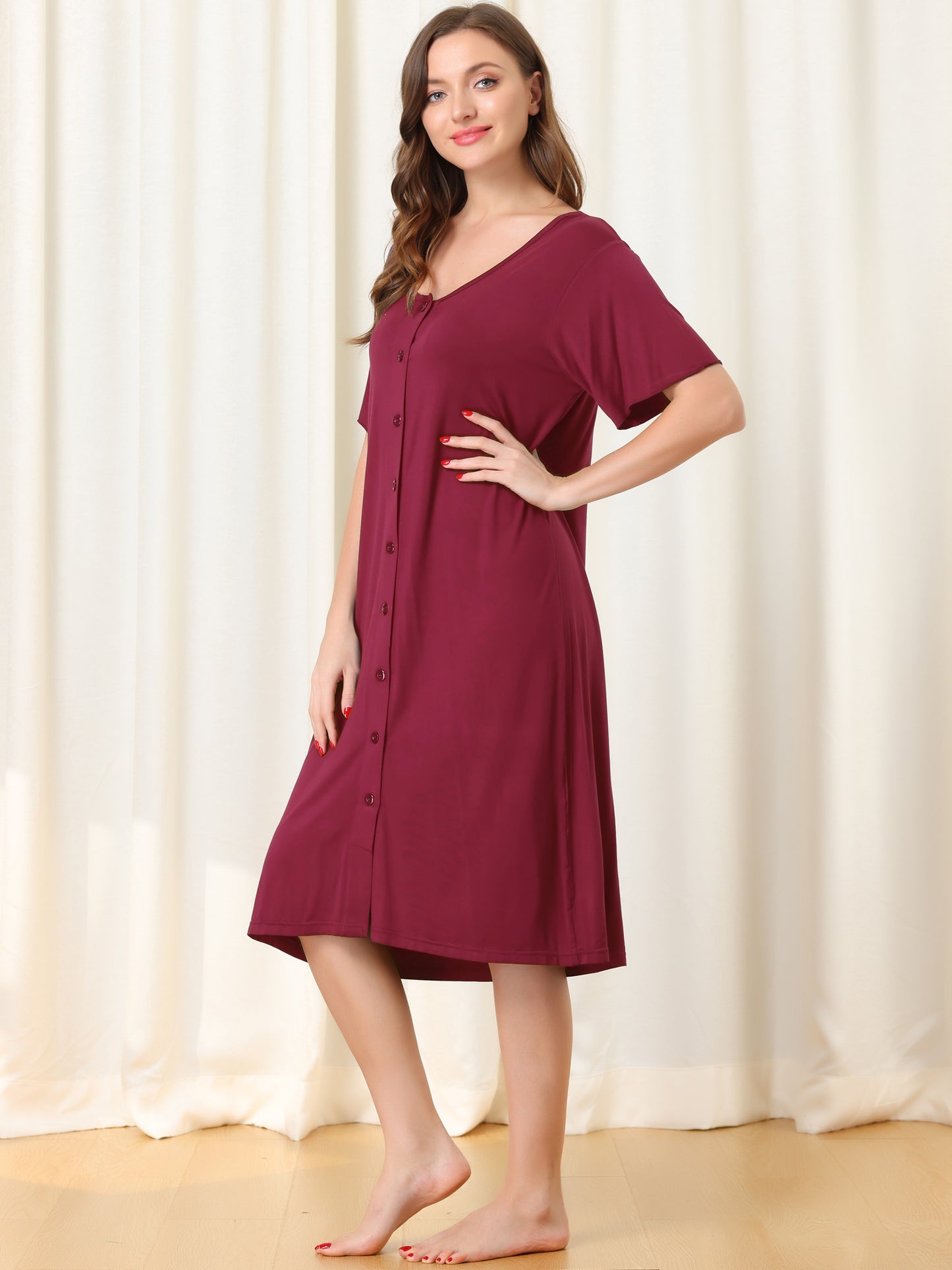 Camisón de manga corta con botones para mujer, vestido de pijama