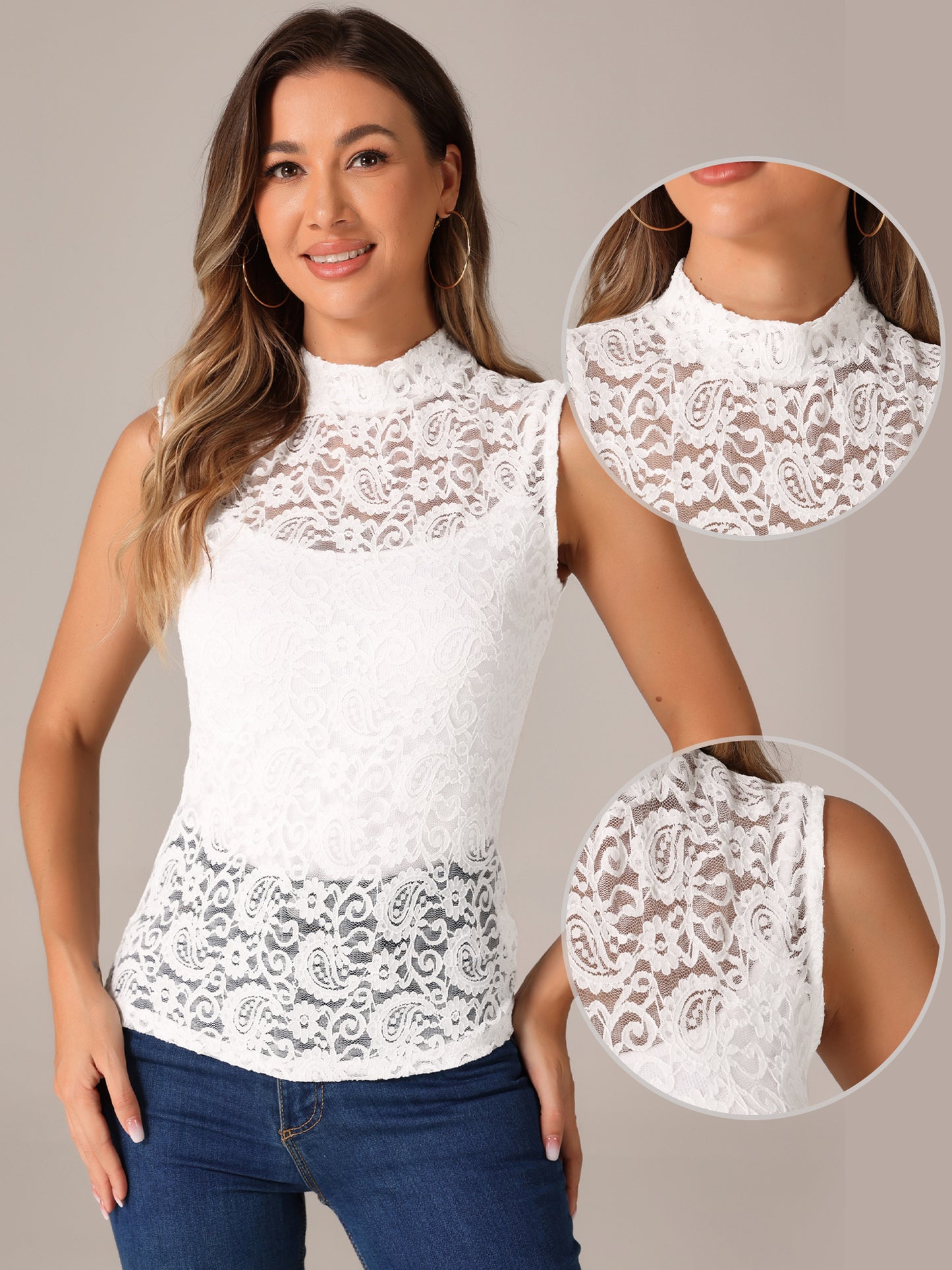 Women's Floral Lace Tank Mock Neck Sleeveless See Through Tank Top