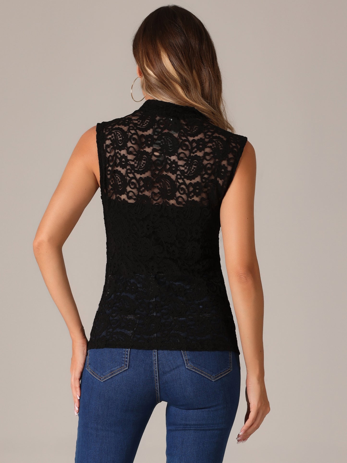 Women's Floral Lace Tank Mock Neck Sleeveless See Through Tank Top
