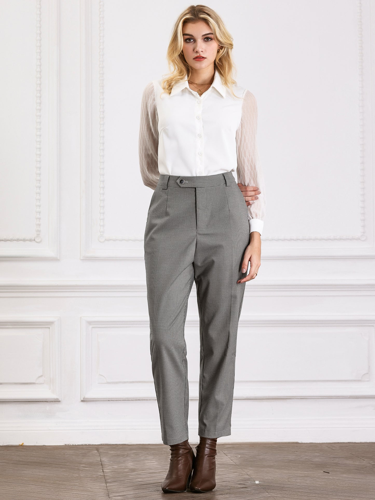 Pantalón de trabajo a cuadros vintage para mujer, pantalones largos rectos con estampado de pata de gallo y tartán