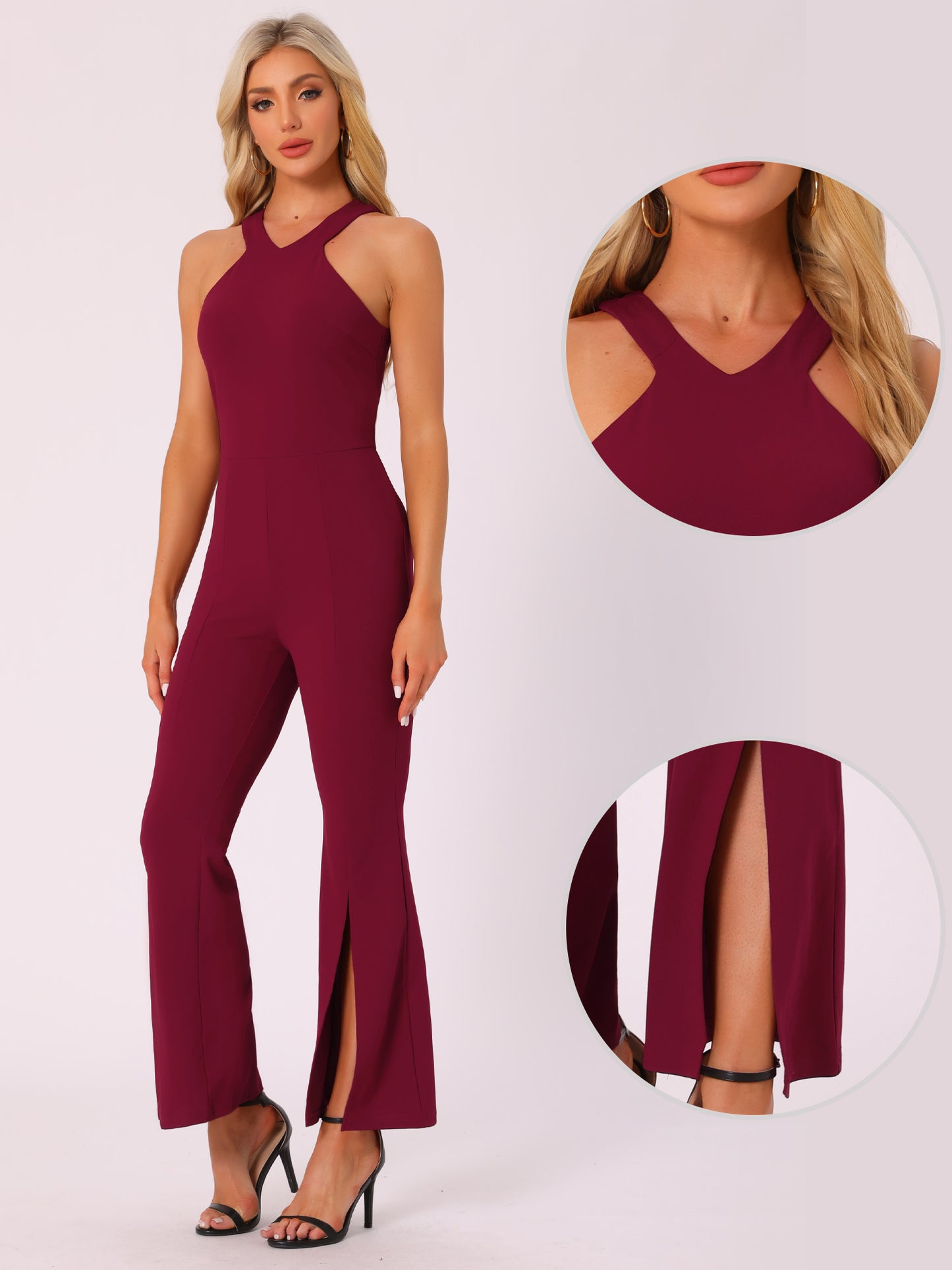 Women's Sleeveless V Neck High Waist Split Flare Leg Elegant Slit Hem Jumpsuits