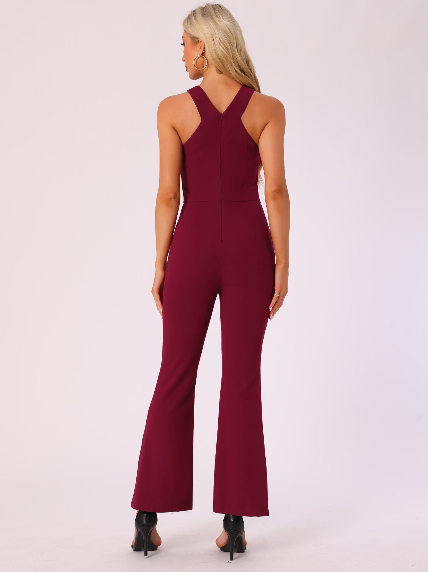 Women's Sleeveless V Neck High Waist Split Flare Leg Elegant Slit Hem Jumpsuits