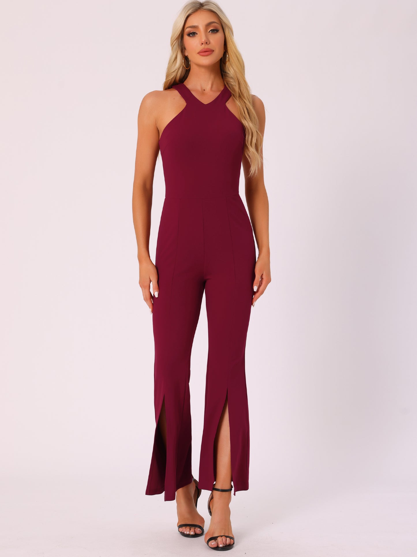 Women's Sleeveless V Neck High Waist Split Flare Leg Elegant Slit Hem Jumpsuits