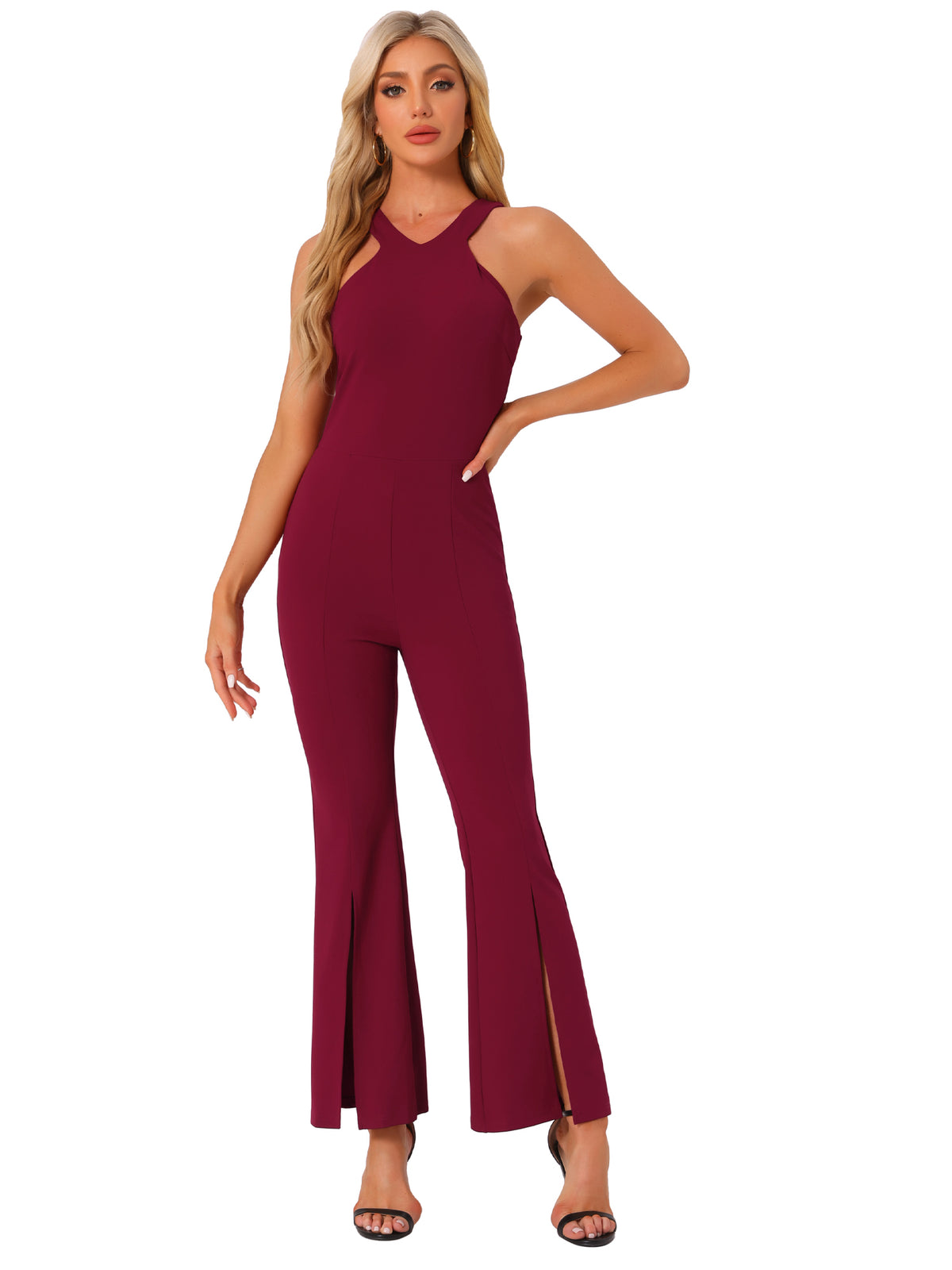 Women's Sleeveless V Neck High Waist Split Flare Leg Elegant Slit Hem Jumpsuits