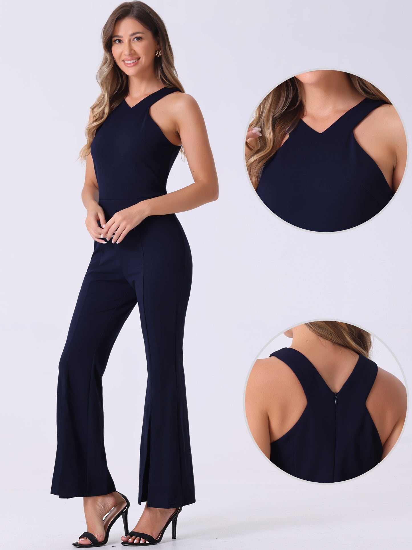 Women's Sleeveless V Neck High Waist Split Flare Leg Elegant Slit Hem Jumpsuits
