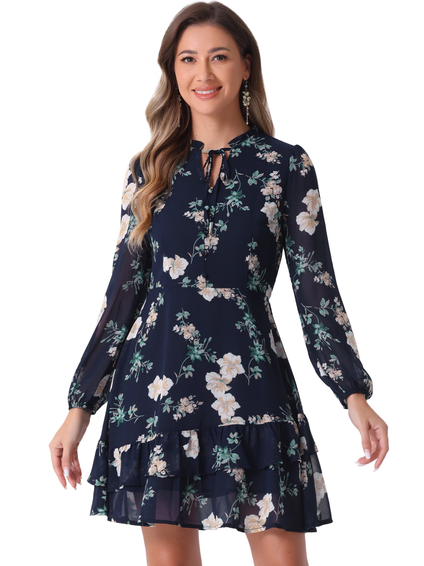Women's Summer Dresses Floral Tie V Neck Semi Sheer Long Sleeve Layered Tiered Chiffon Mini Dress