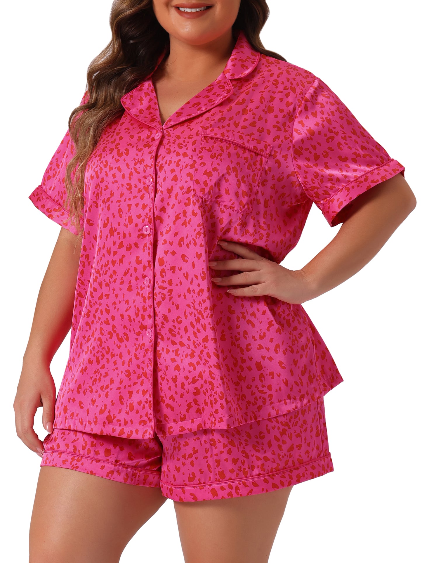 Conjunto de pijama de talla grande para mujer, camisa de manga corta con botones y pantalones cortos, conjunto de 2 piezas para estar en casa