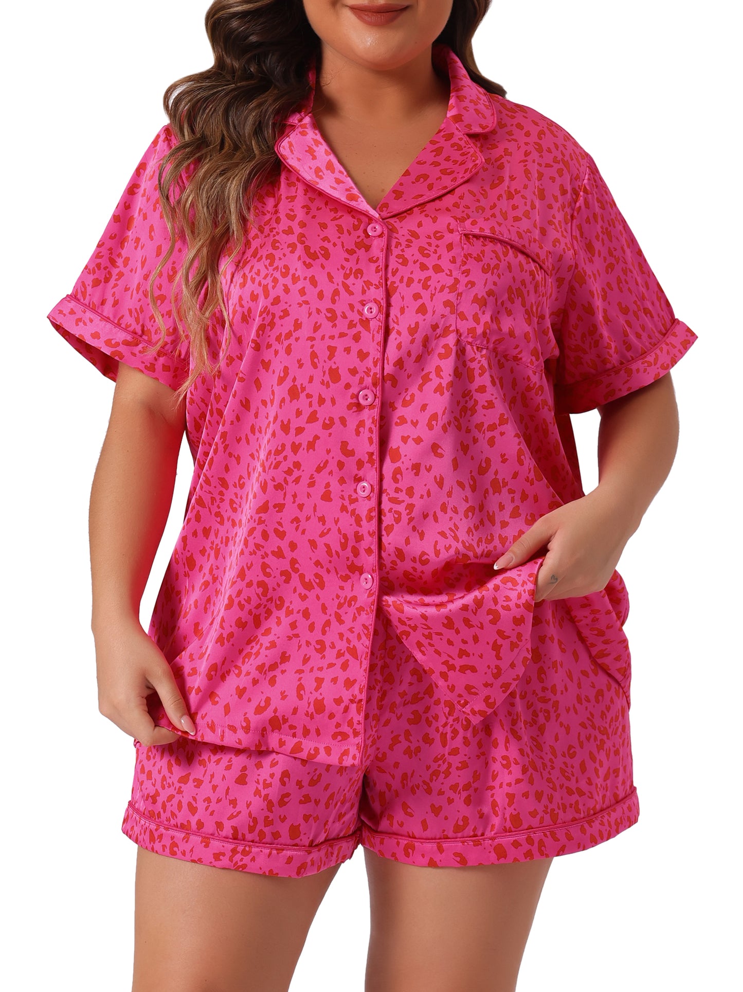 Conjunto de pijama de talla grande para mujer, camisa de manga corta con botones y pantalones cortos, conjunto de 2 piezas para estar en casa