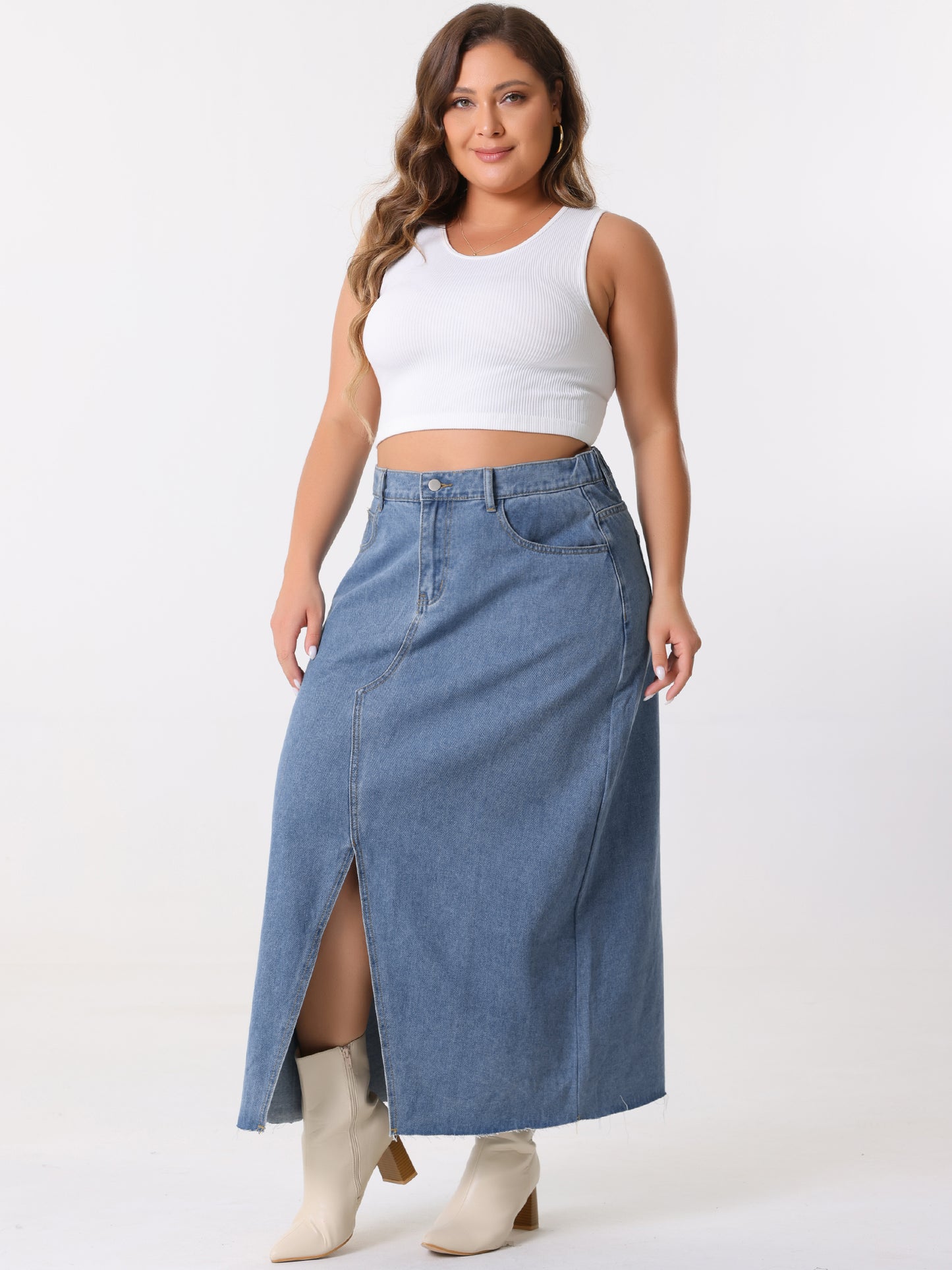 Women's Plus Size Vintage Denim Maxi Skirt Frayed Raw Hem High Waist Front Slit Long Jean Skirts