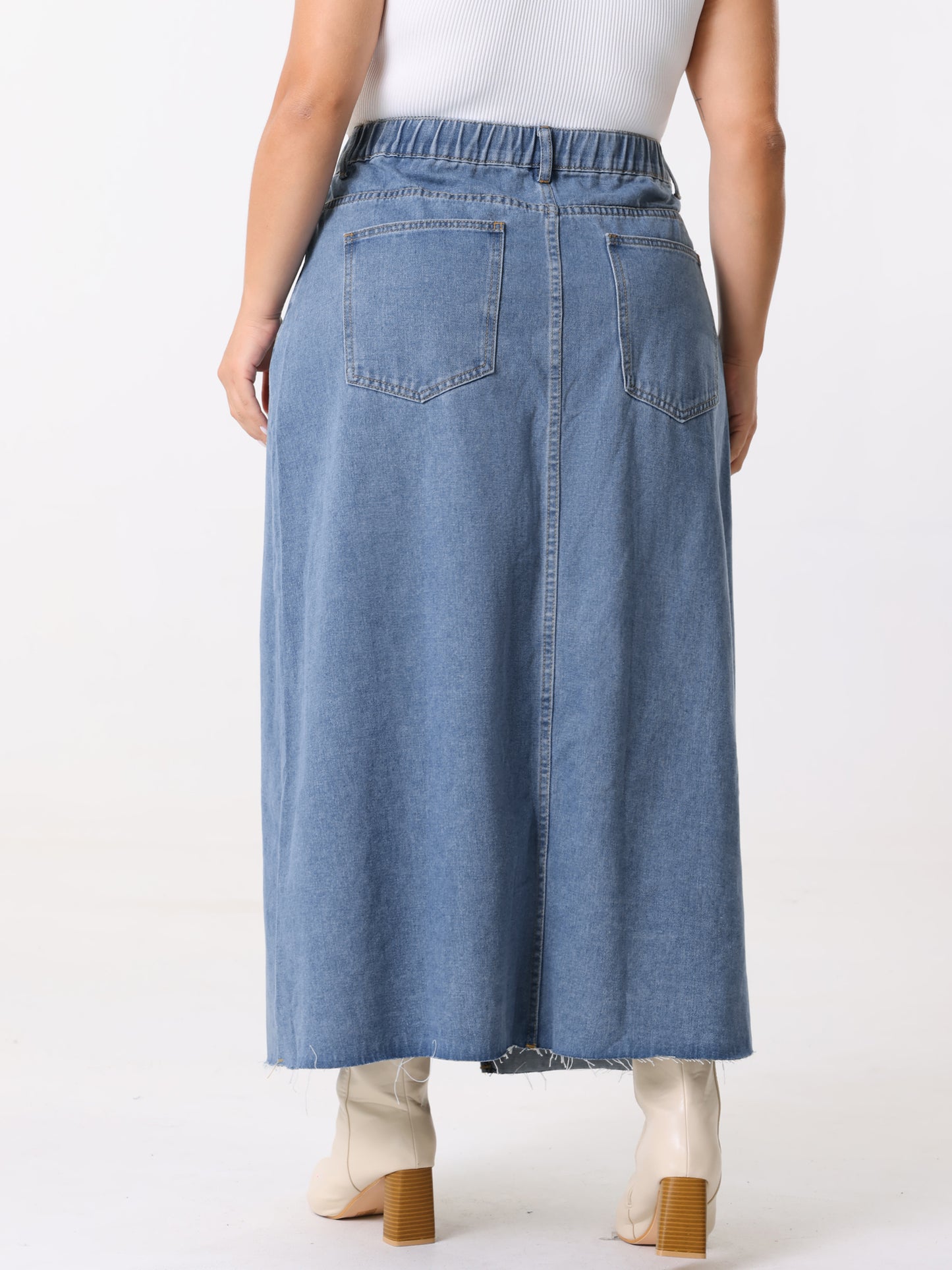 Women's Plus Size Vintage Denim Maxi Skirt Frayed Raw Hem High Waist Front Slit Long Jean Skirts