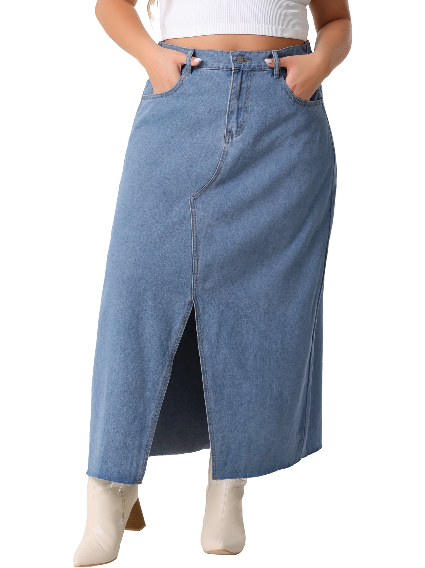 Women's Plus Size Vintage Denim Maxi Skirt Frayed Raw Hem High Waist Front Slit Long Jean Skirts