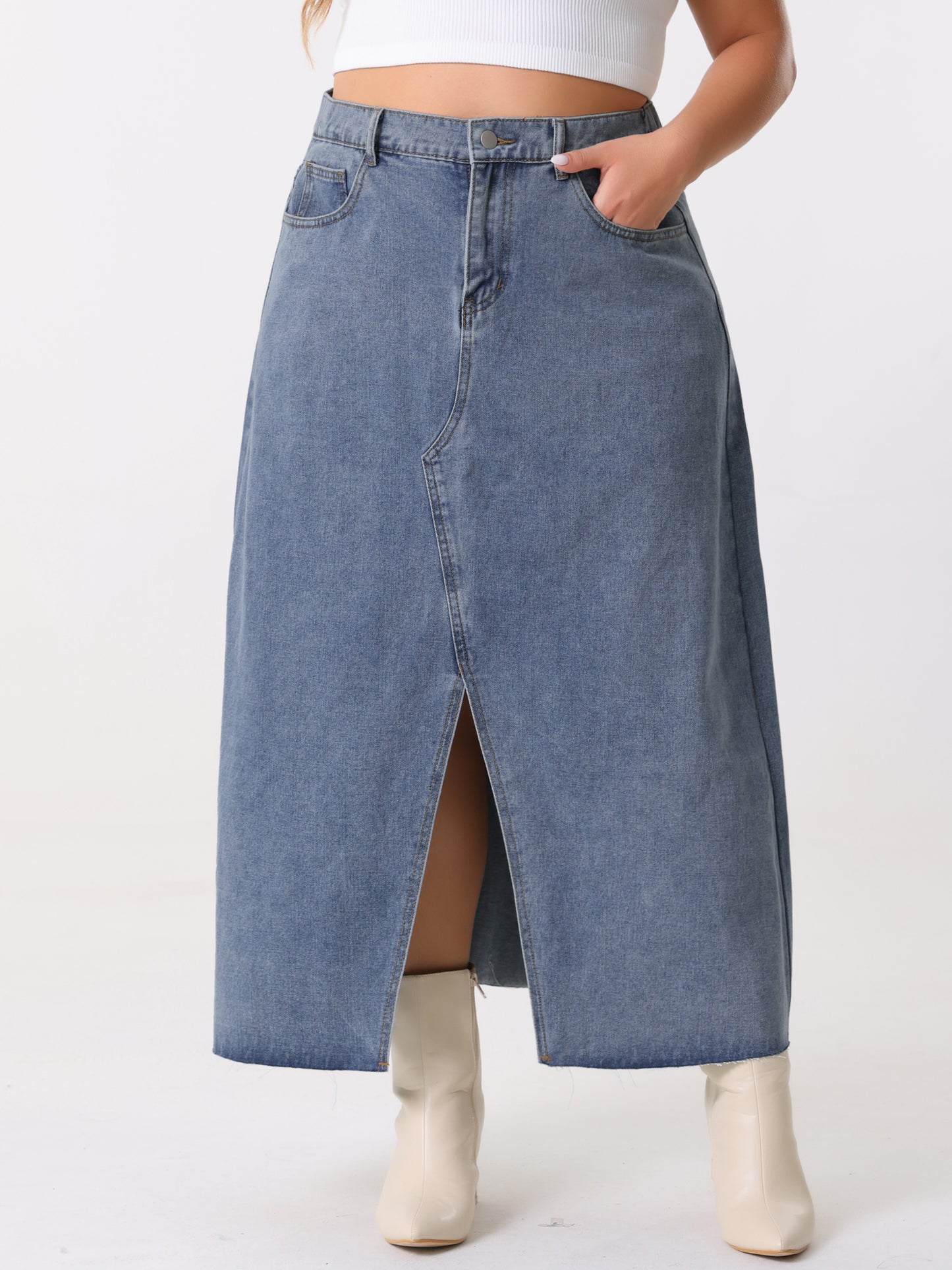 Women's Plus Size Vintage Denim Maxi Skirt Frayed Raw Hem High Waist Front Slit Long Jean Skirts