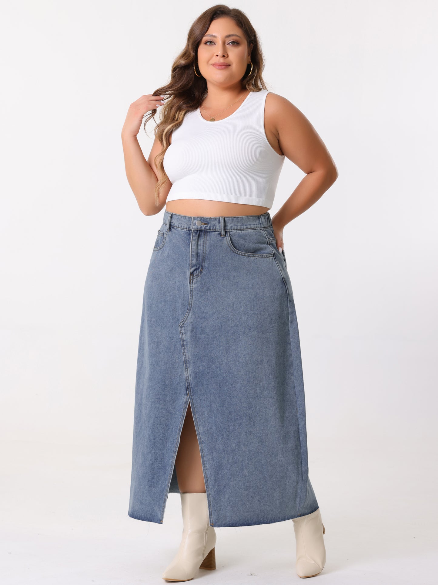 Women's Plus Size Vintage Denim Maxi Skirt Frayed Raw Hem High Waist Front Slit Long Jean Skirts