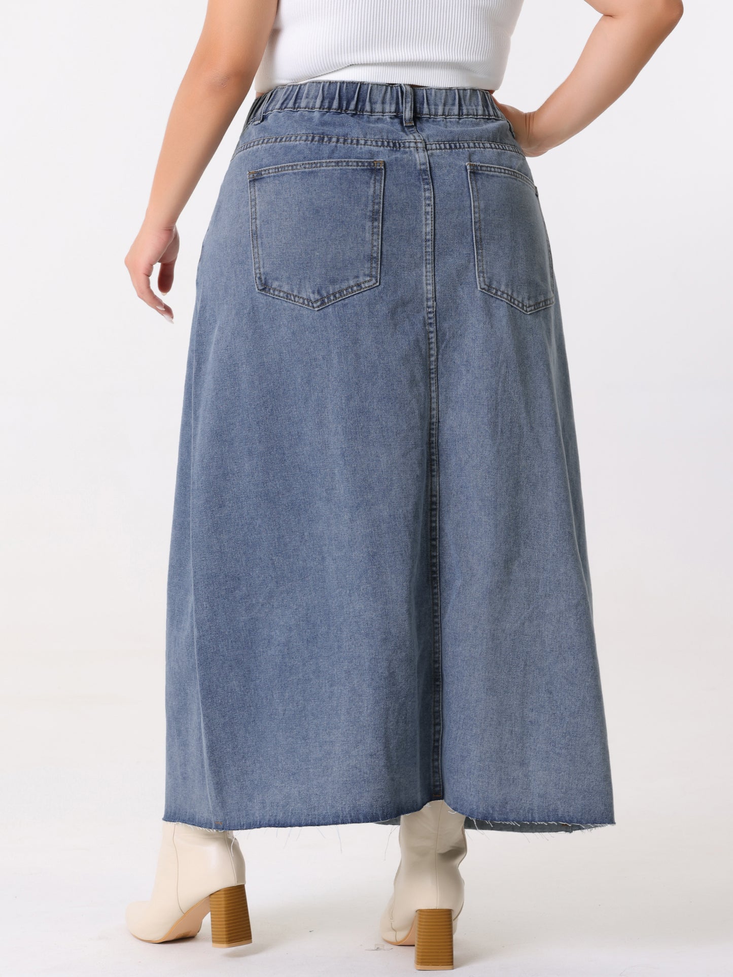 Women's Plus Size Vintage Denim Maxi Skirt Frayed Raw Hem High Waist Front Slit Long Jean Skirts
