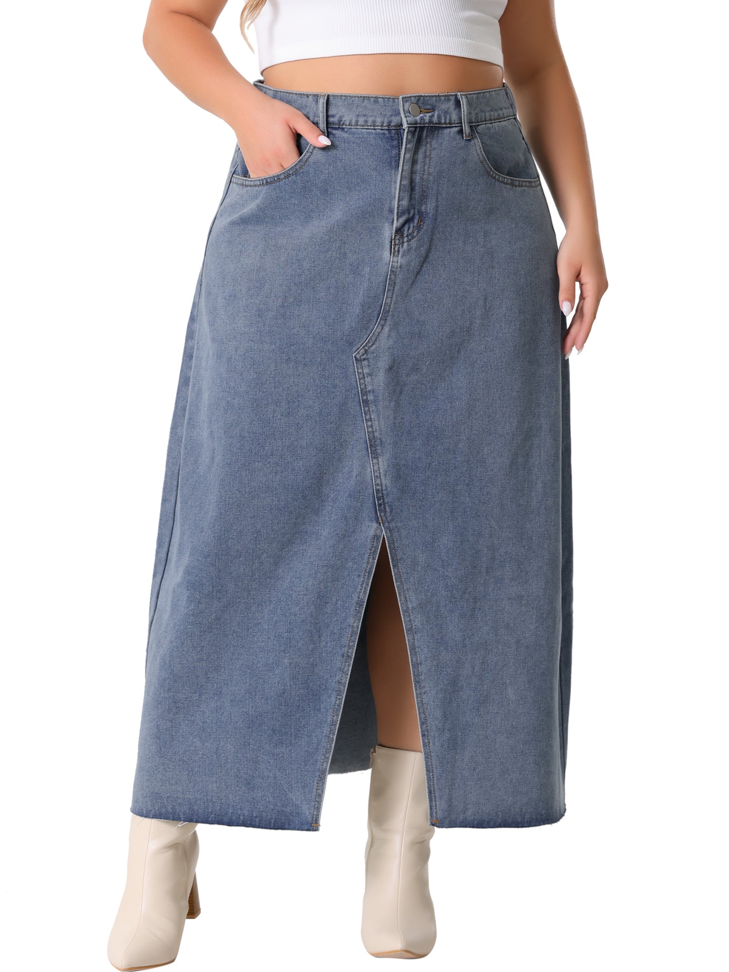 Women's Plus Size Vintage Denim Maxi Skirt Frayed Raw Hem High Waist Front Slit Long Jean Skirts