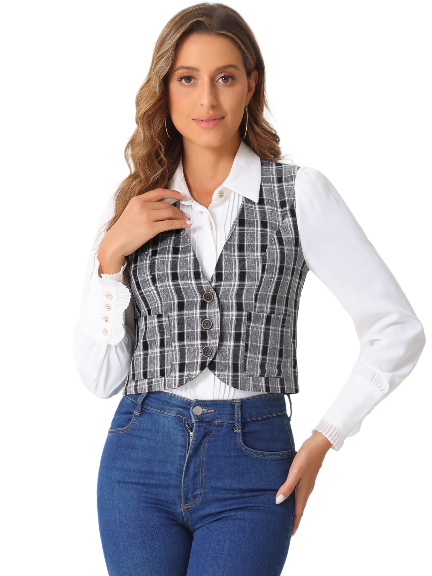 Women's Single Breasted Sleeveless Racerback Waistcoat Plaid Vest