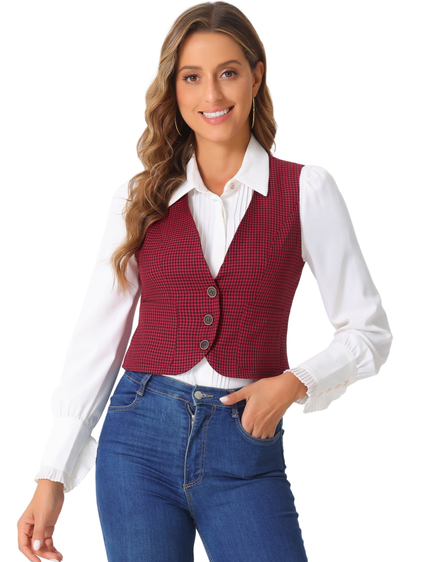Women's Single Breasted Sleeveless Racerback Waistcoat Plaid Vest