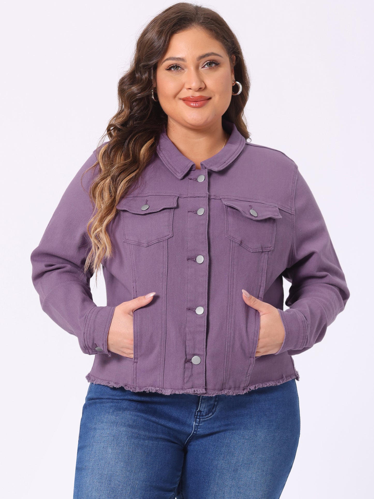 Women's Plus Size Classic Washed Front Frayed Denim Jacket