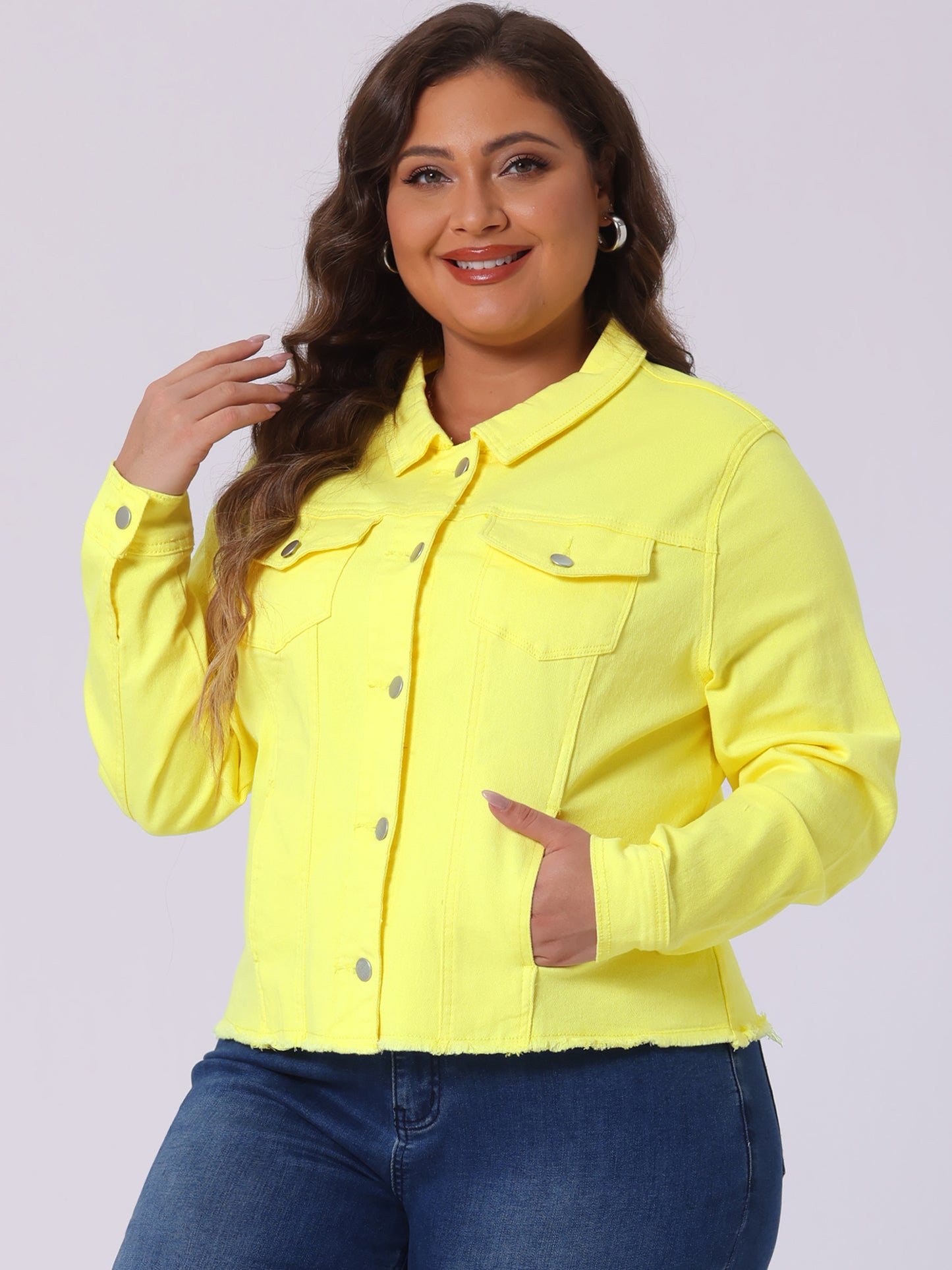 Women's Plus Size Classic Washed Front Frayed Denim Jacket