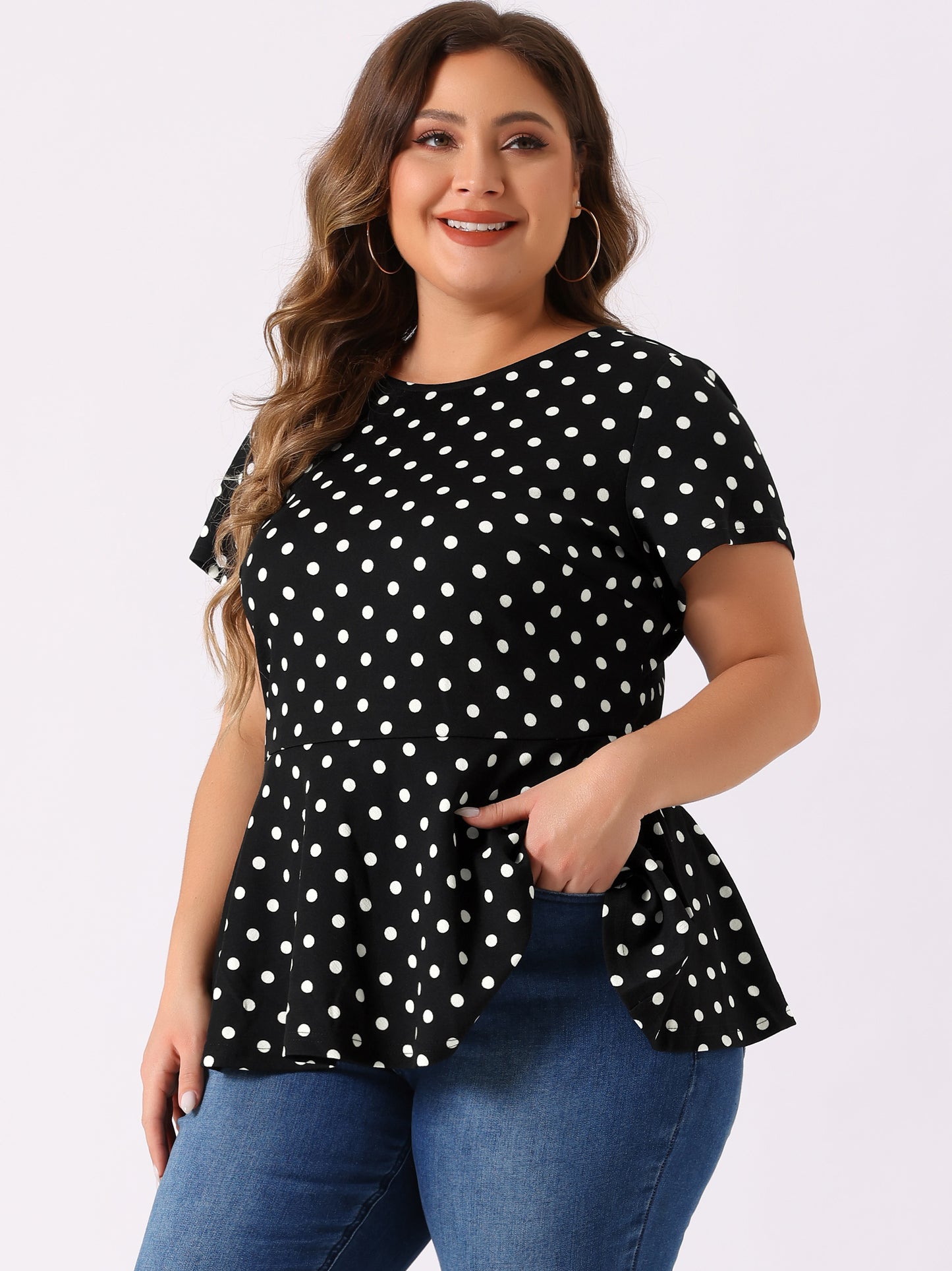 Women's Plus Size Short Sleeve Polka Dots Peplum Top